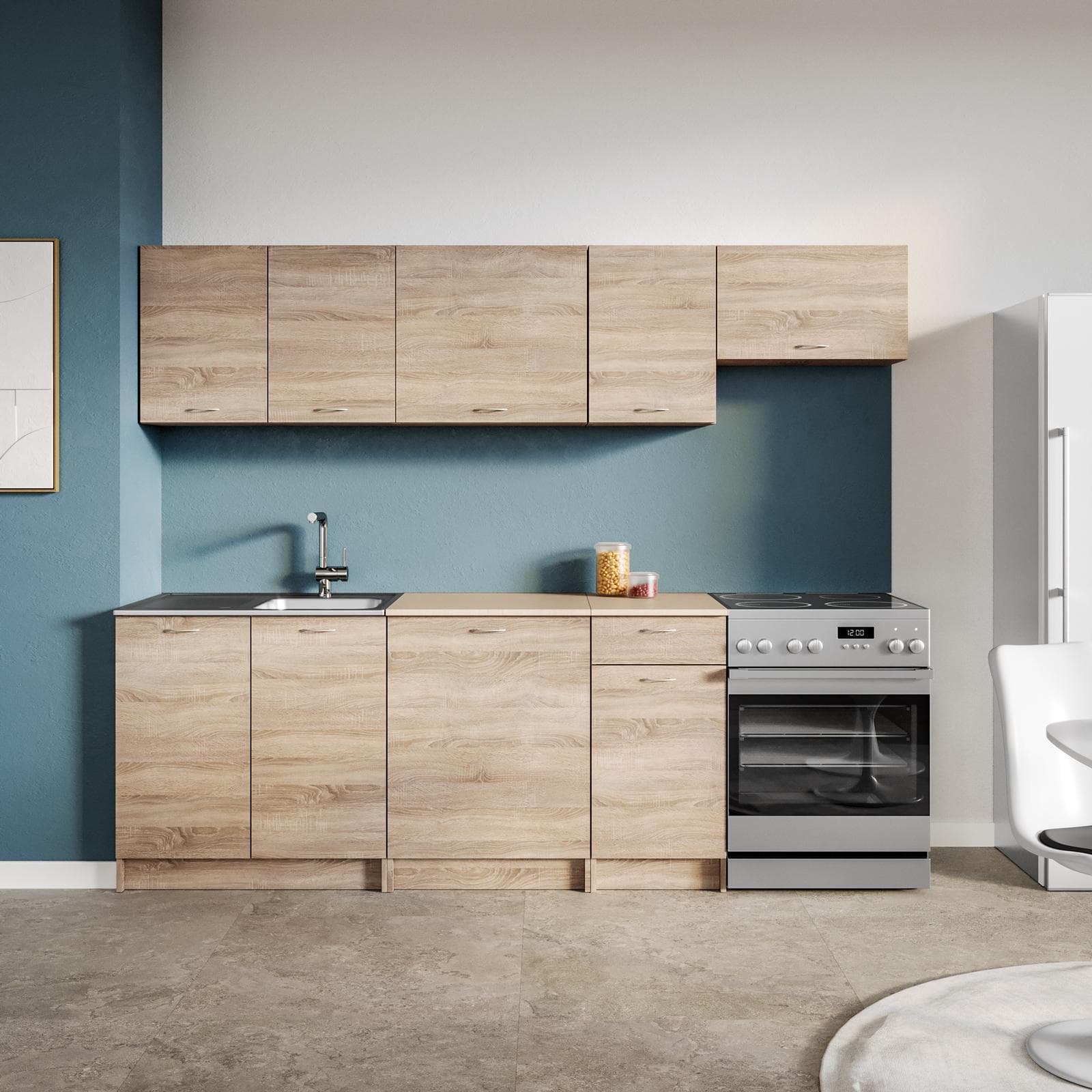 Cucina lineare 240 cm reversibile rovere sonoma e top beige con pensili - Sorbona