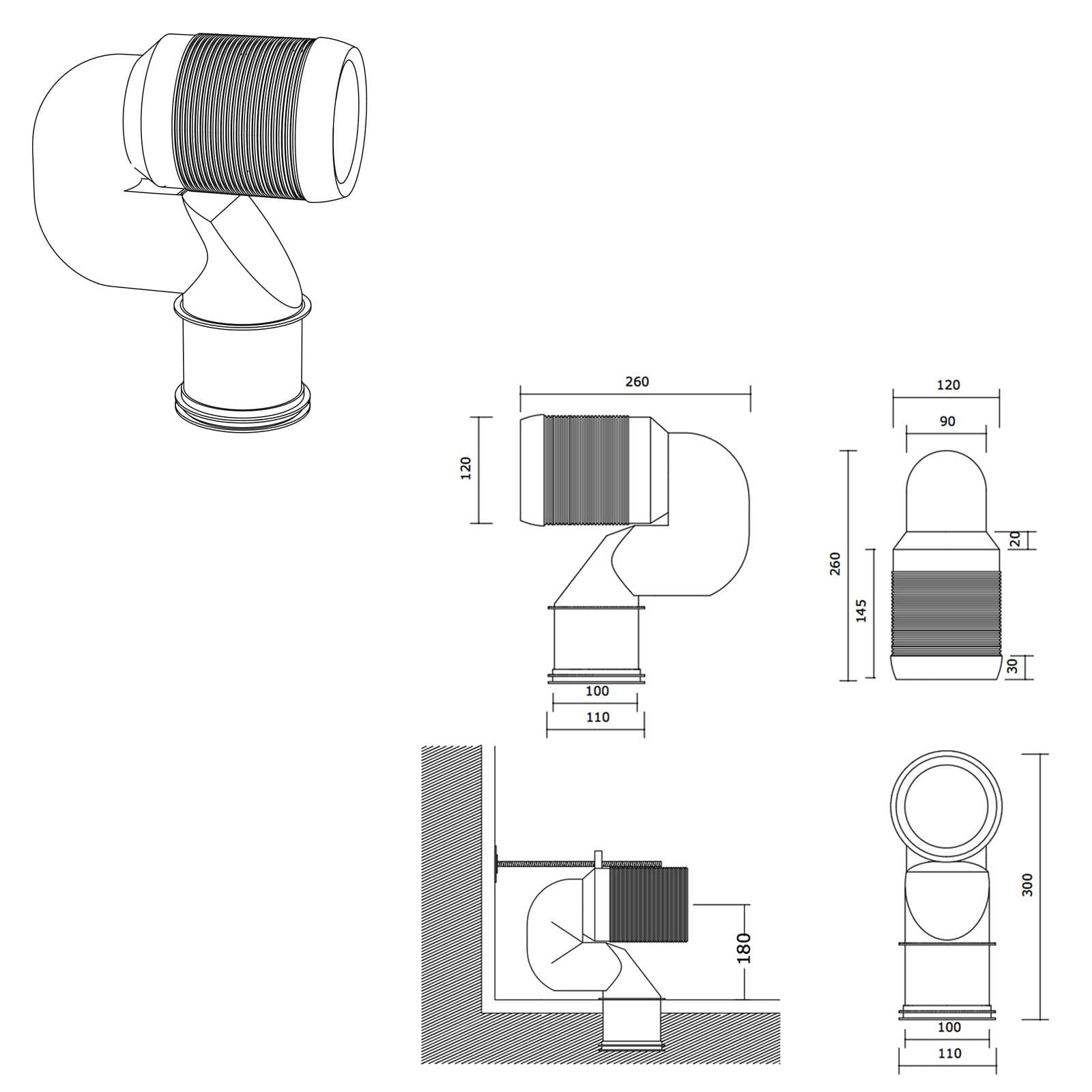 Curva tecnica per vaso traslato con scarico a terra da 16 a 25 cm