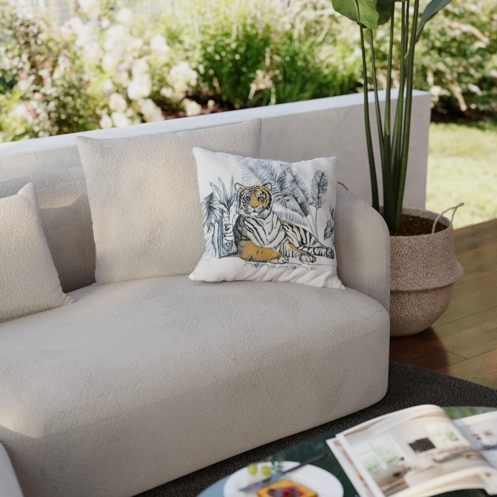 Cuscino decorativo da esterno 40x40 cm in poliestere idrorepellente bianco con stampa tigre - Pigmentia