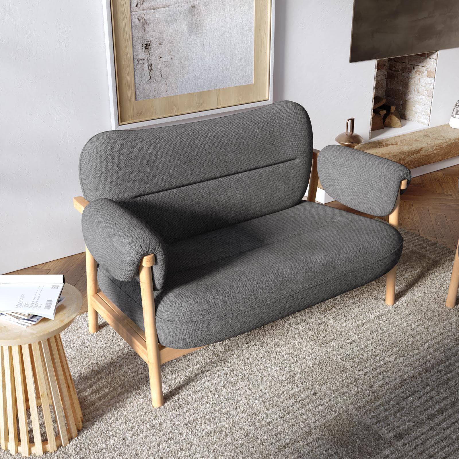 Divano 2 posti in legno con rivestimento in tessuto effetto maglia grigio scuro - Voteo