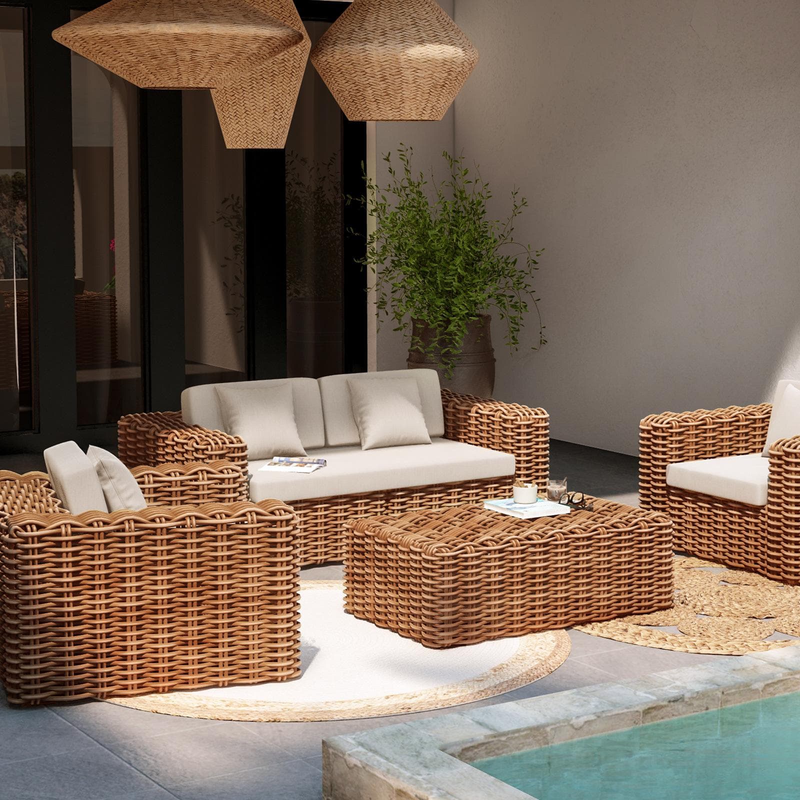 Divano 2 posti in rattan naturale con soffici cuscini - Daril