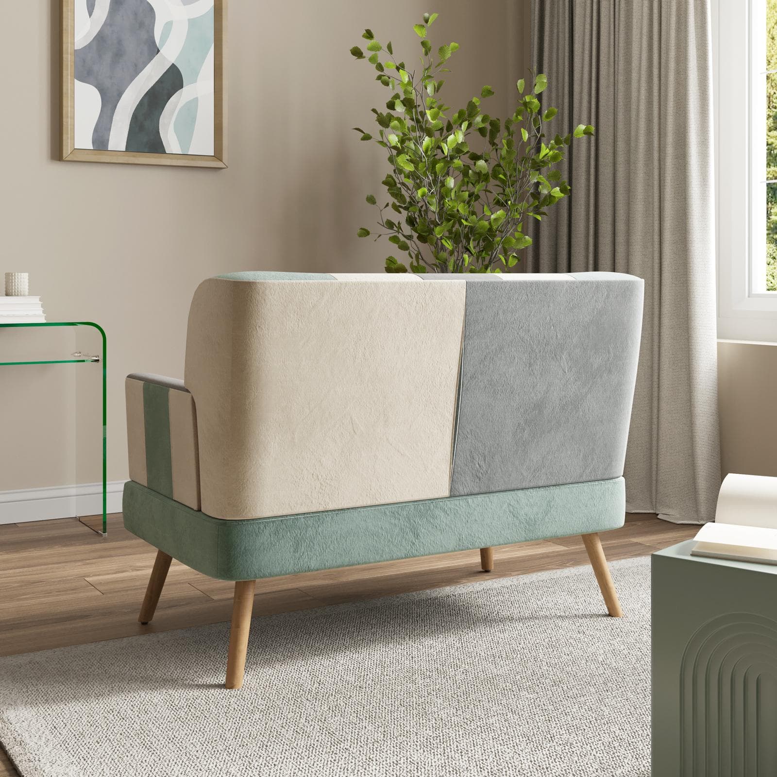 Divano scandinavo 2 posti in tessuto patchwork multicolor celeste - Copenaghen