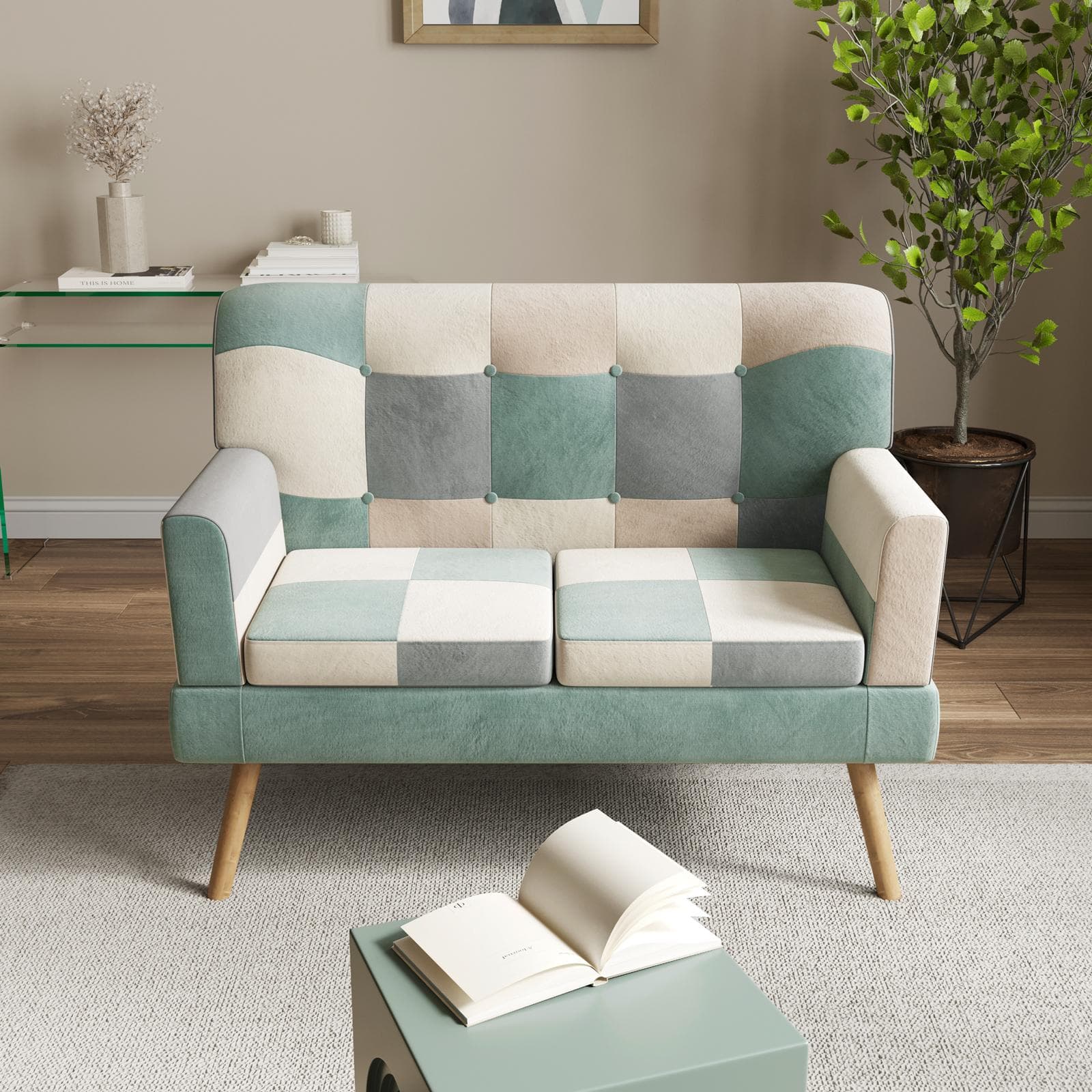Divano scandinavo 2 posti in tessuto patchwork multicolor celeste - Copenaghen