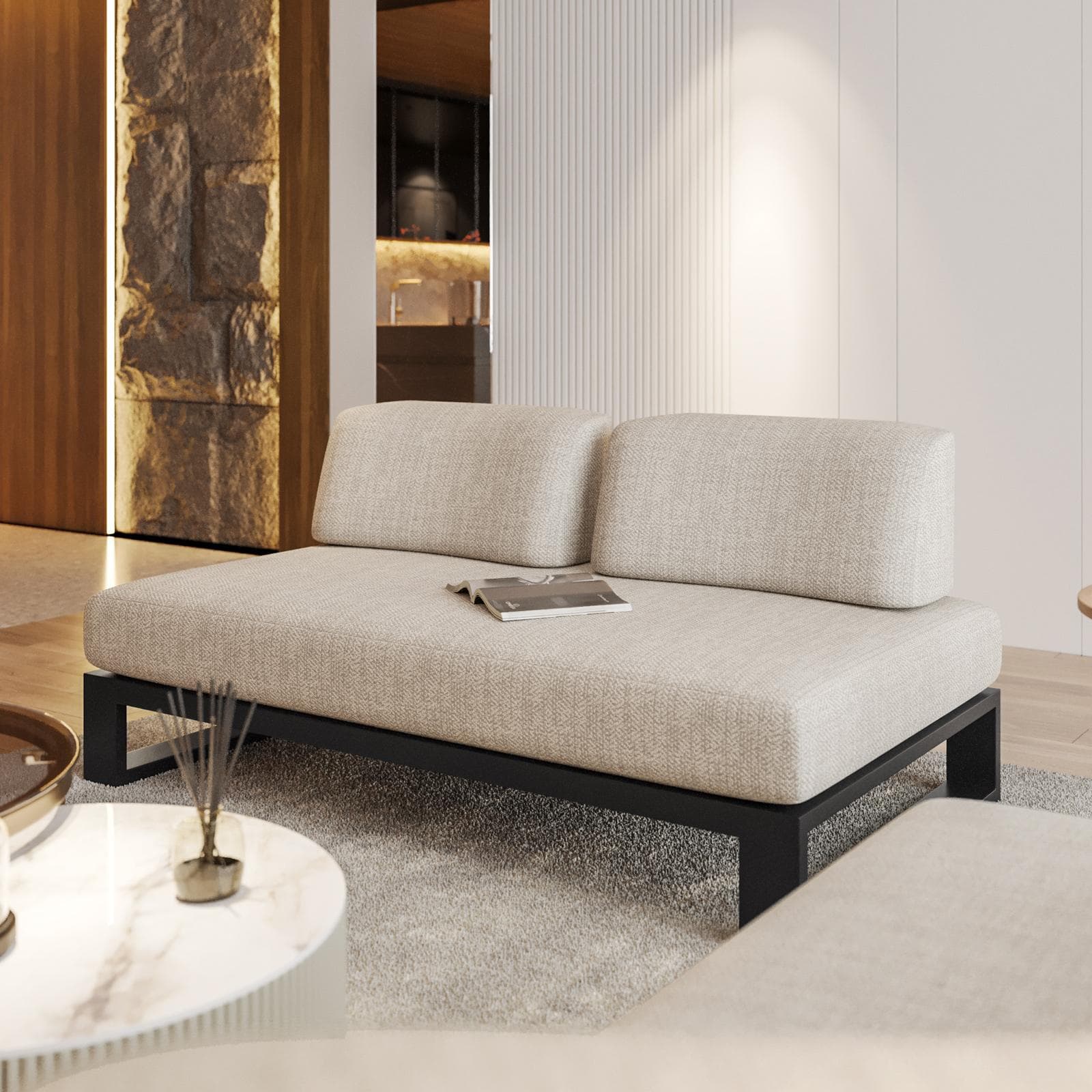 Divano 2 posti in tessuto olefin beige e alluminio antracite - Haven