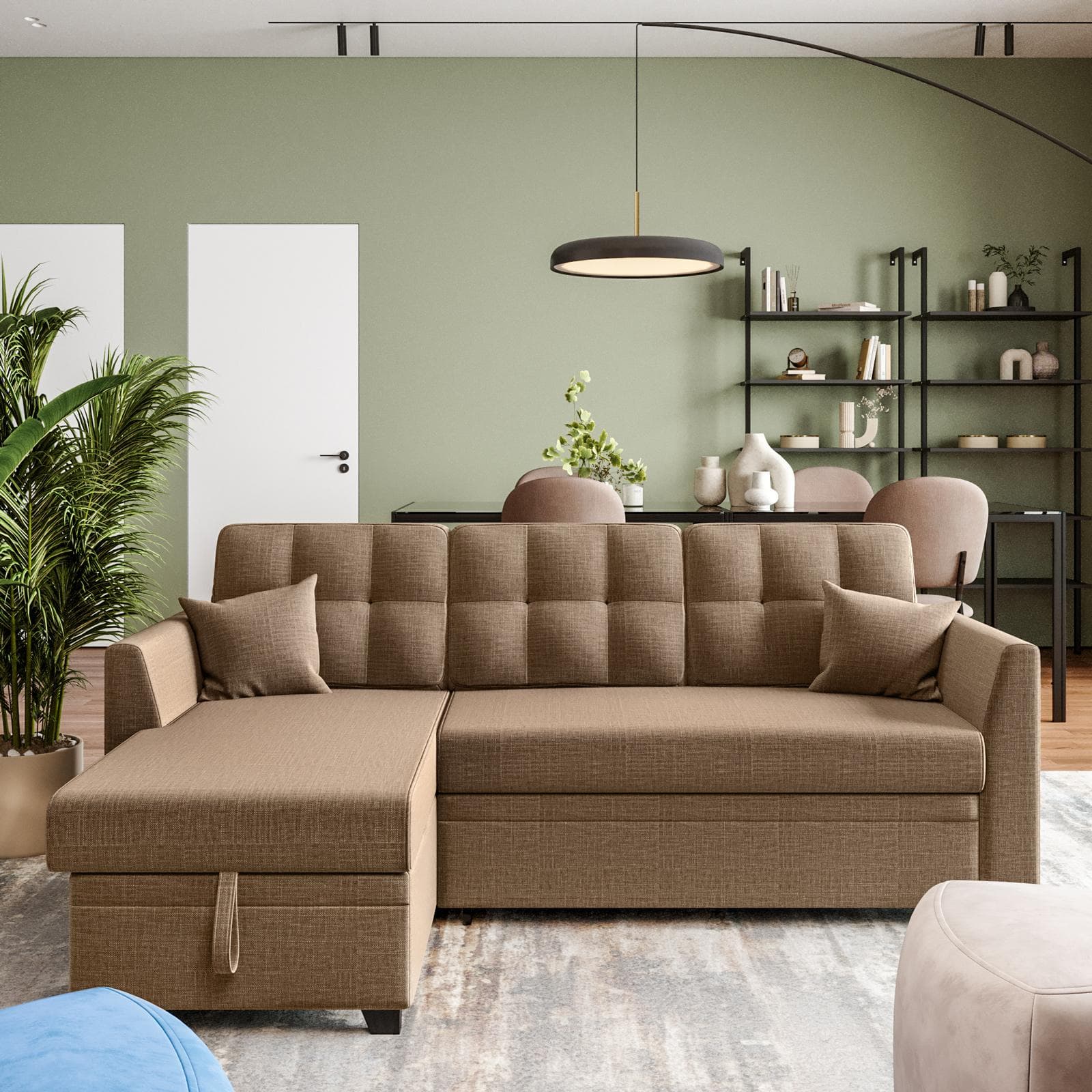 Divano 3 posti con poggiapiedi estraibile in tessuto sabbia e chaise longue reversibile - Theodore