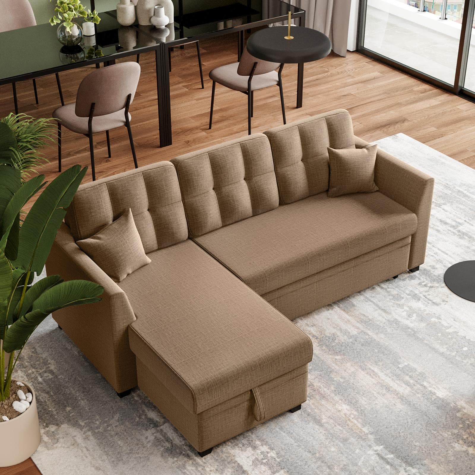 Divano 3 posti con poggiapiedi estraibile in tessuto sabbia e chaise longue reversibile - Theodore