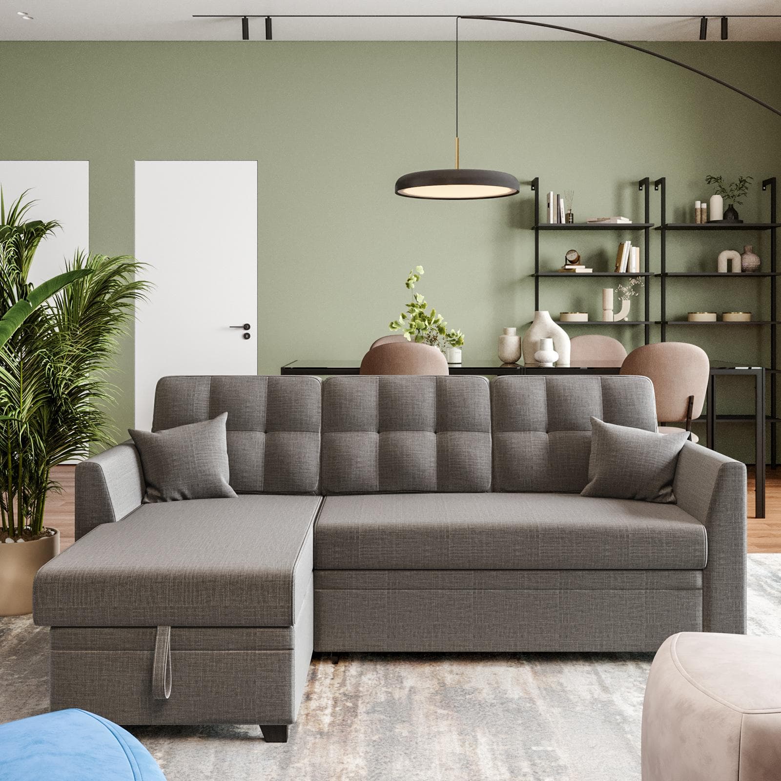 Divano 3 posti con poggiapiedi estraibile in tessuto tortora e chaise longue reversibile - Theodore