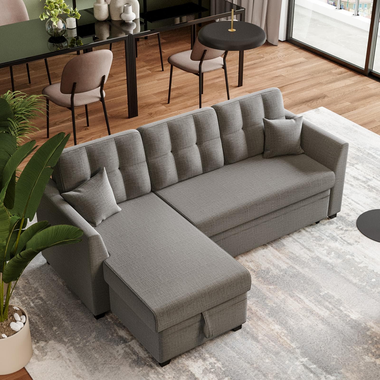 Divano 3 posti con poggiapiedi estraibile in tessuto tortora e chaise longue reversibile - Theodore