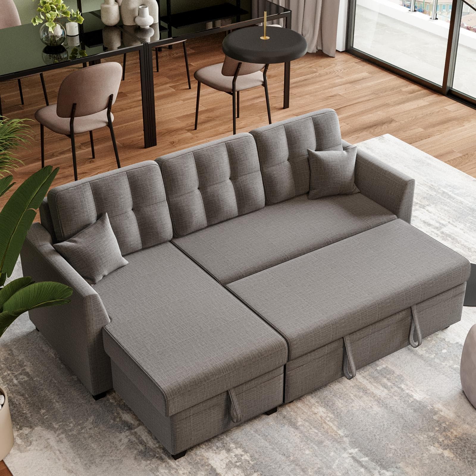Divano 3 posti con poggiapiedi estraibile in tessuto tortora e chaise longue reversibile - Theodore