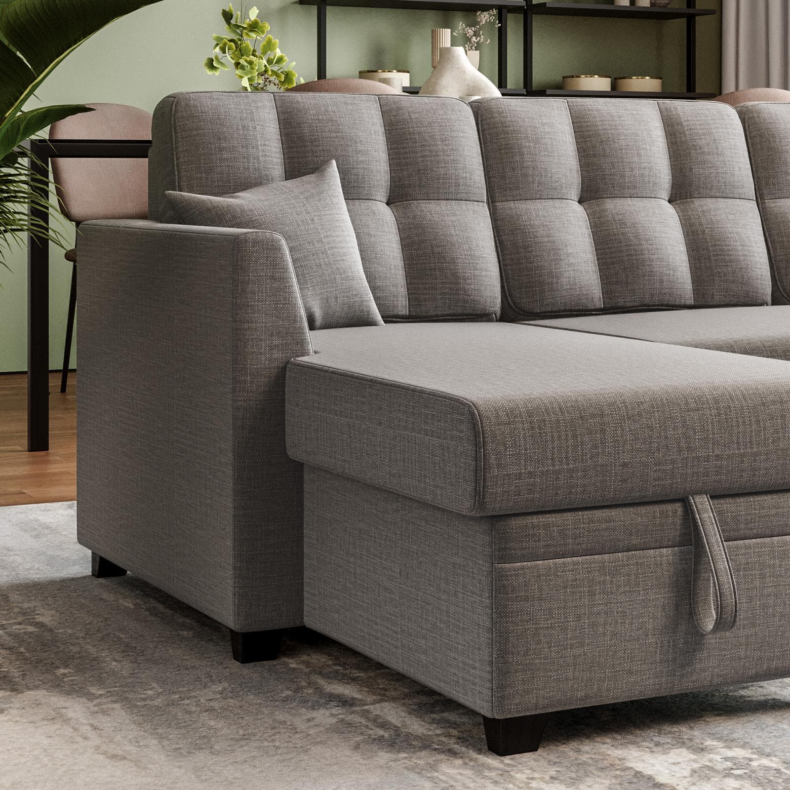 Divano 3 posti con poggiapiedi estraibile in tessuto tortora e chaise longue reversibile - Theodore