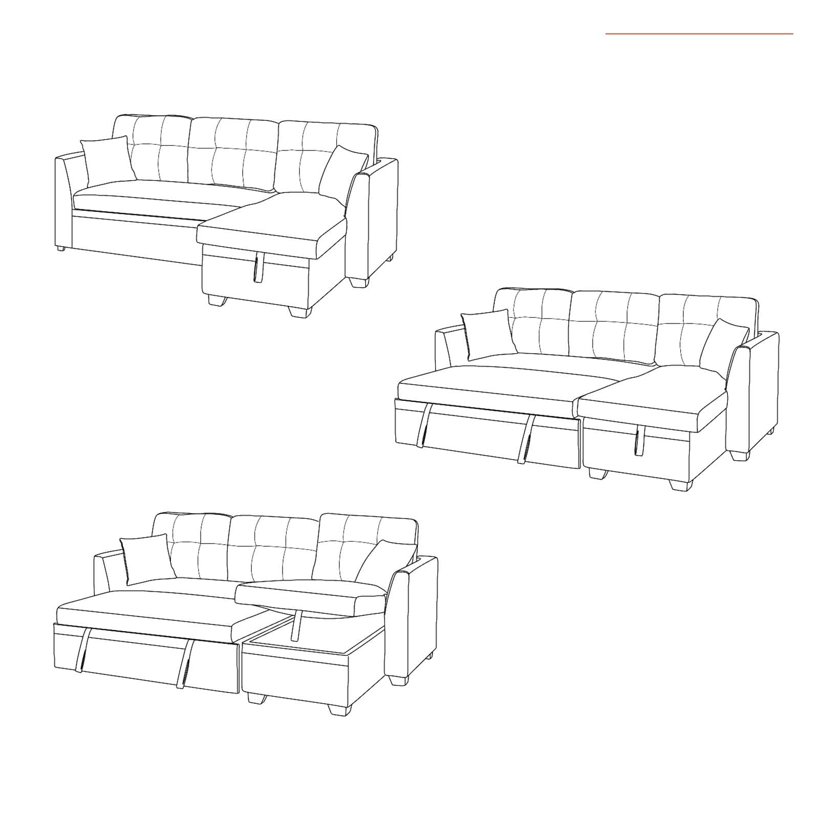 Divano 3 posti con poggiapiedi estraibile in tessuto tortora e chaise longue reversibile - Theodore