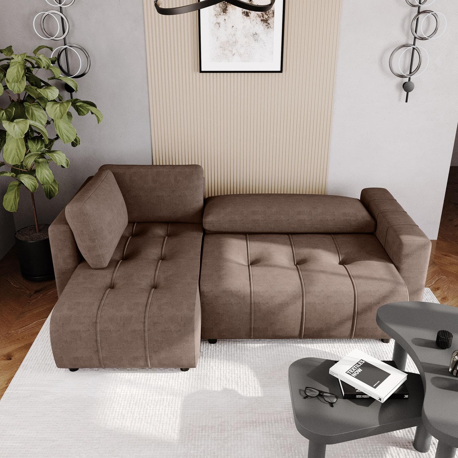 Divano letto 3 posti in tessuto ciniglia tortora scuro con chaise longue a sinistra - Wellington