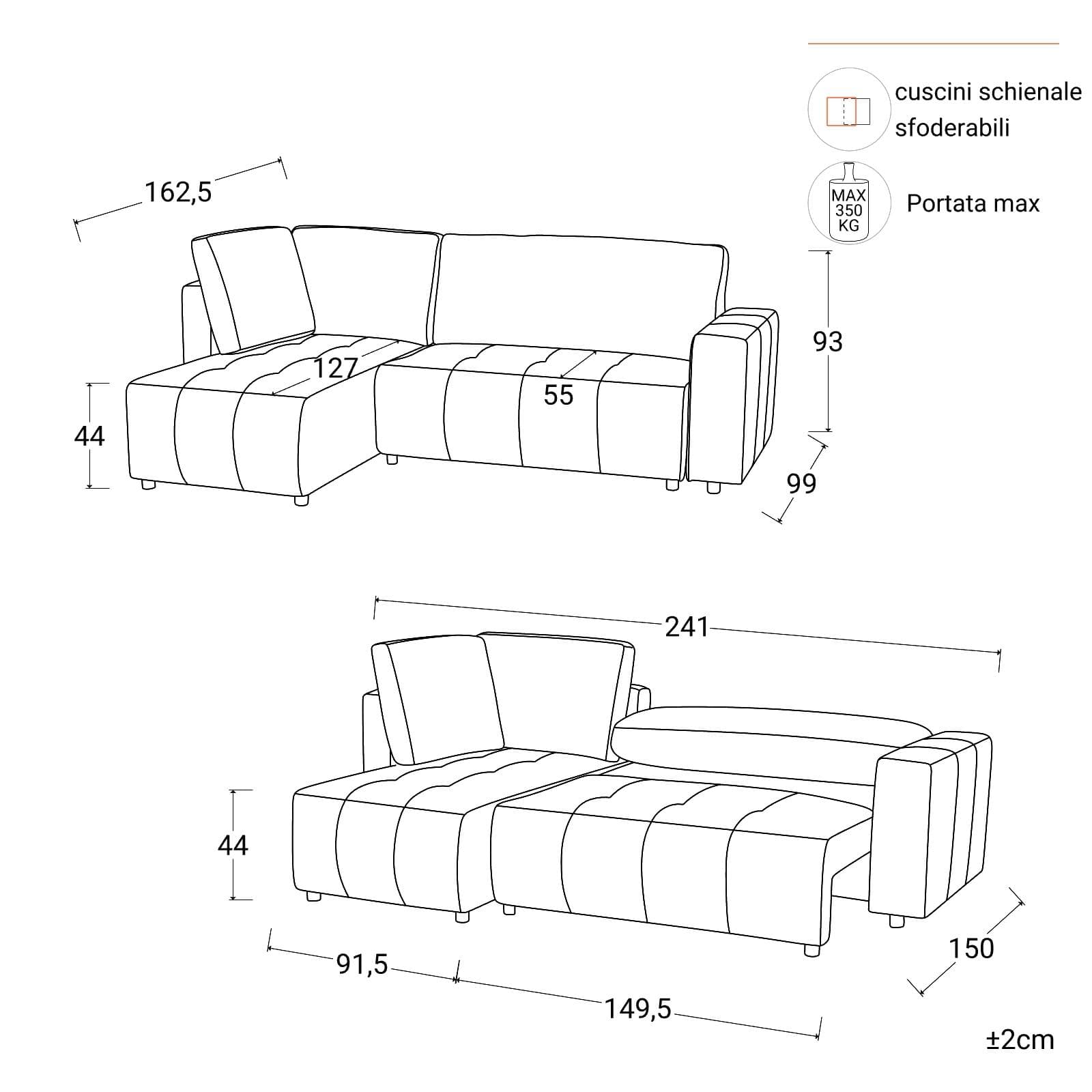 Divano letto 3 posti in tessuto ciniglia tortora scuro con chaise longue a sinistra - Wellington
