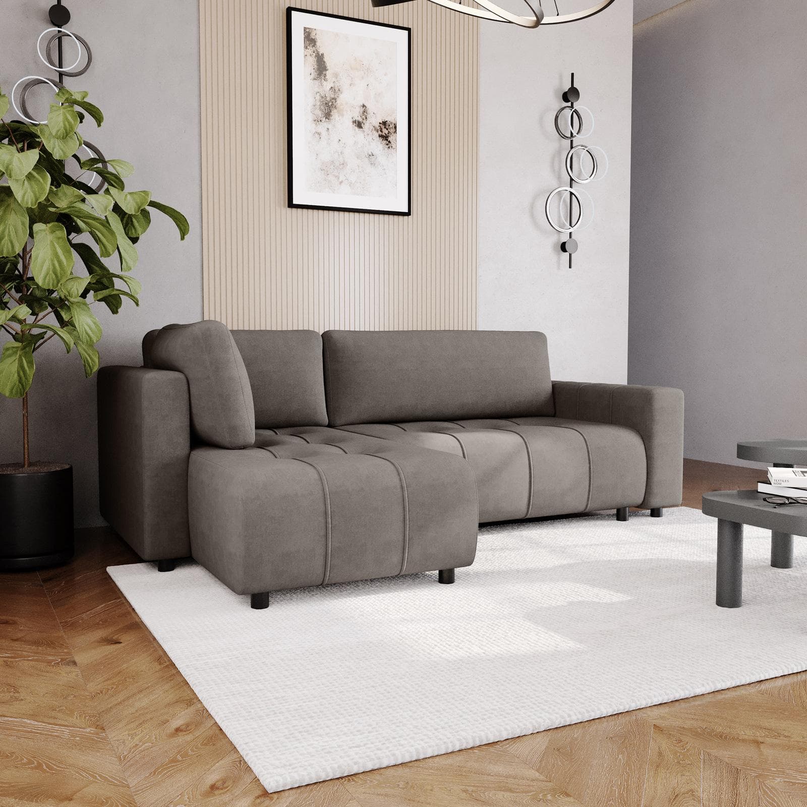 Divano letto 3 posti in tessuto effetto melange grigio con chaise longue a sinistra - Wellington