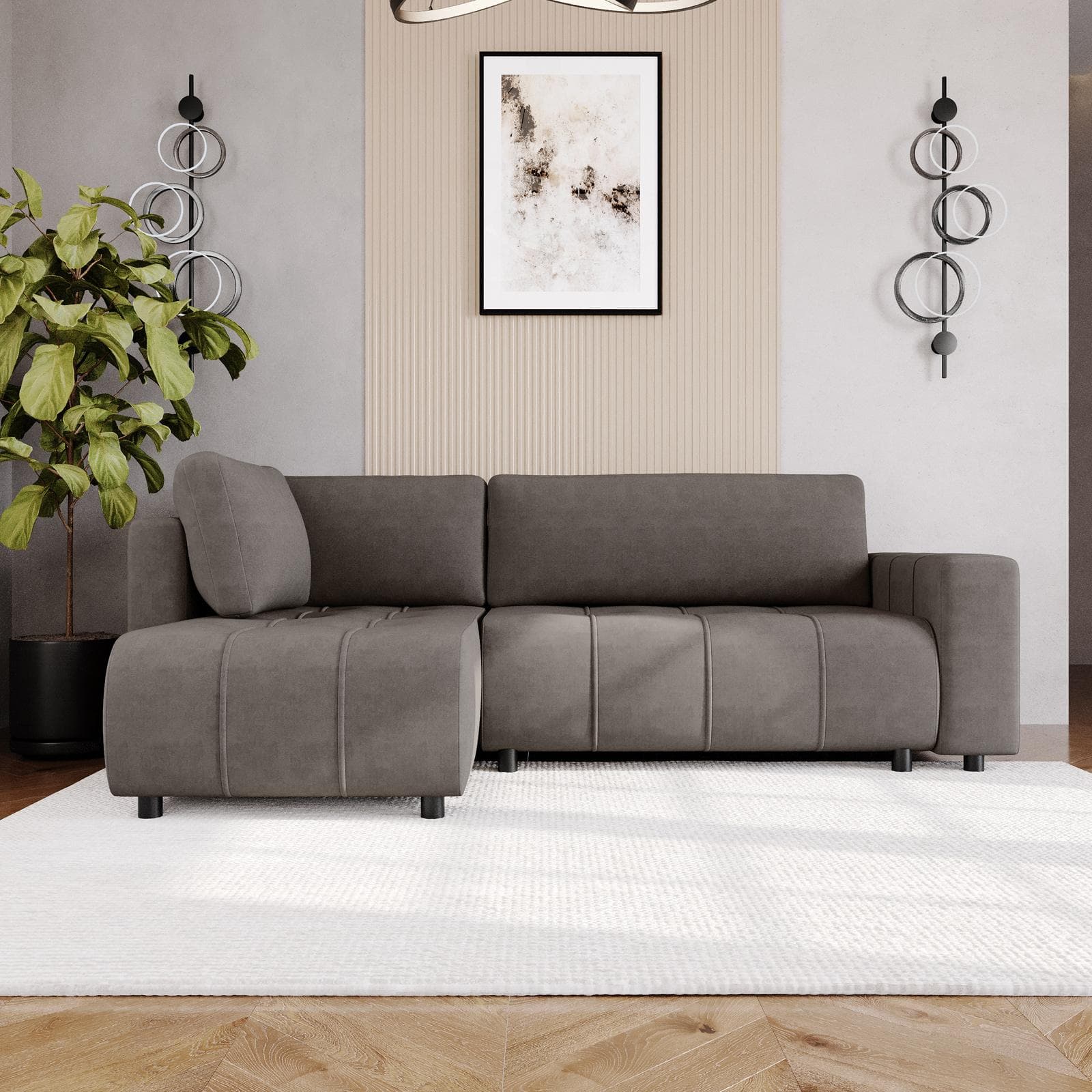 Divano letto 3 posti in tessuto effetto melange grigio con chaise longue a sinistra - Wellington