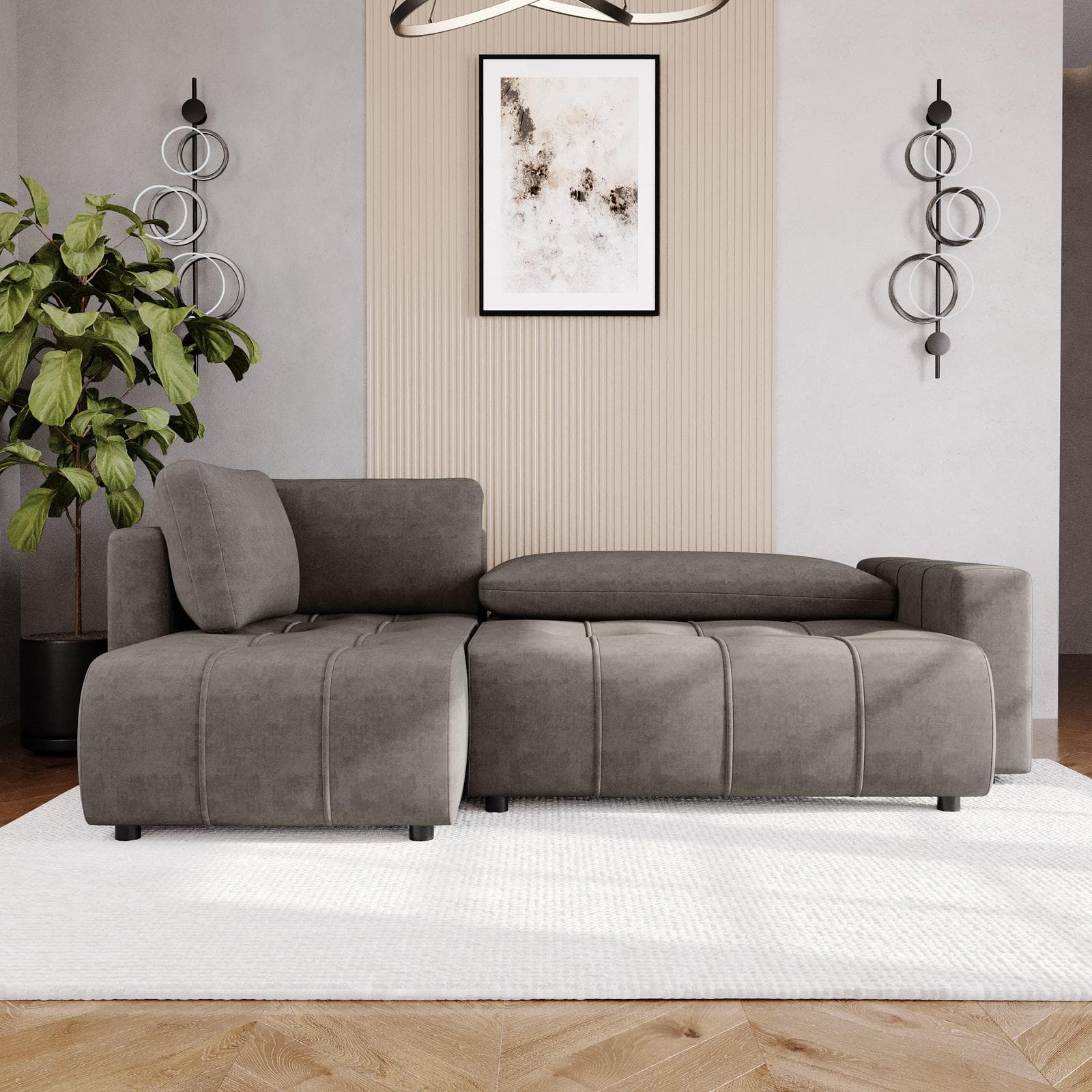 Divano letto 3 posti in tessuto effetto melange grigio con chaise longue a sinistra - Wellington