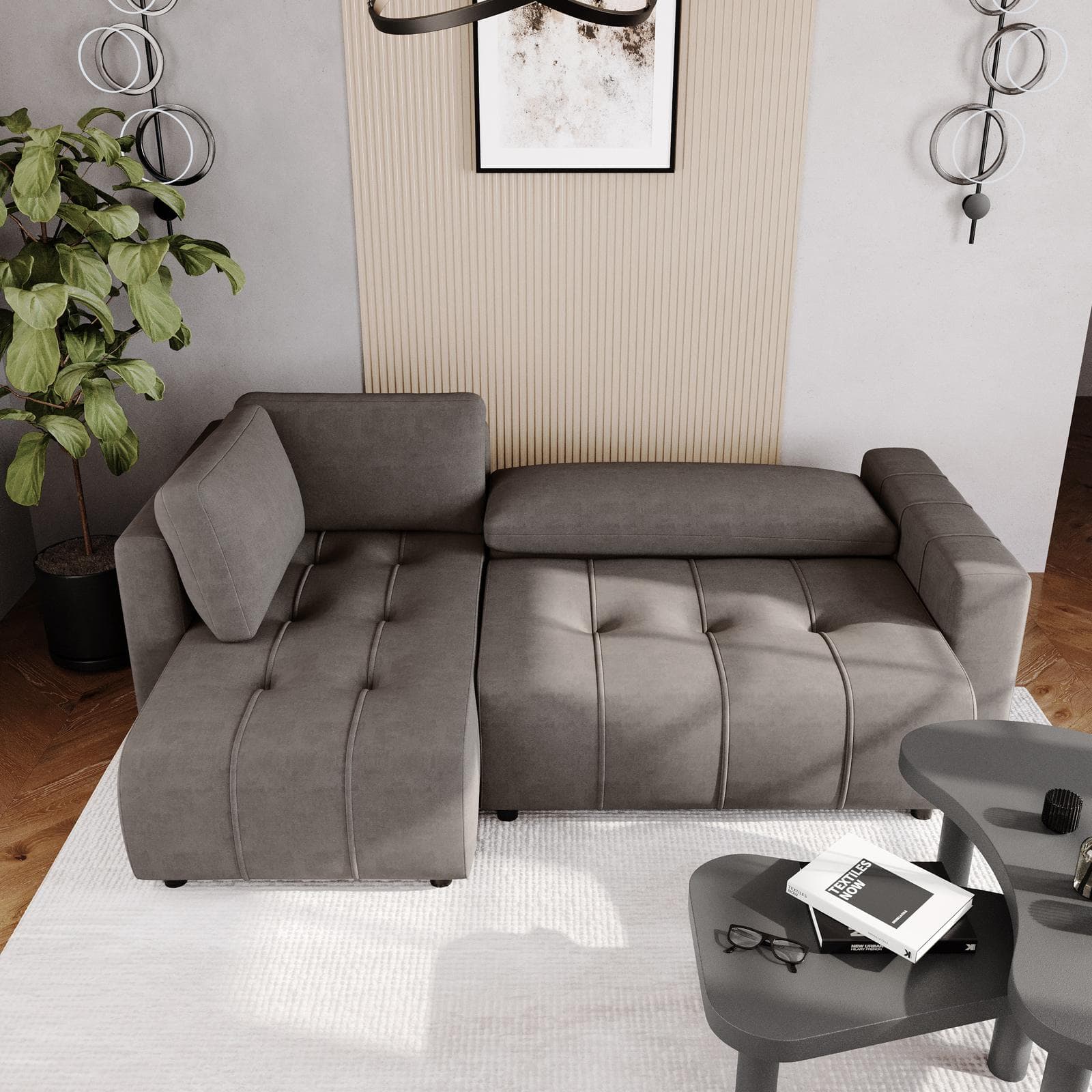 Divano letto 3 posti in tessuto effetto melange grigio con chaise longue a sinistra - Wellington