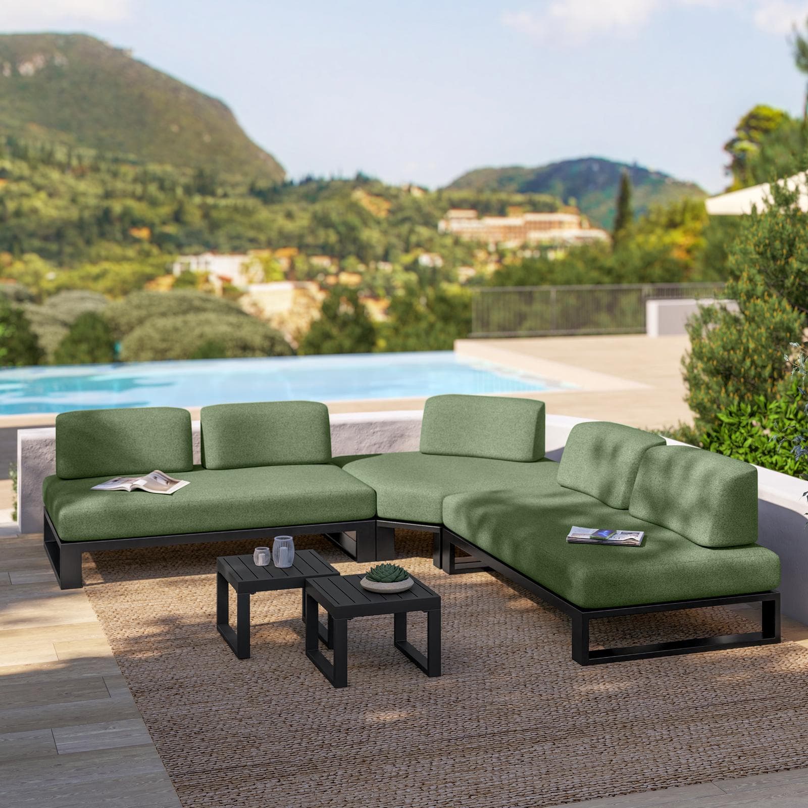 Divano angolare da giardino 5 posti in alluminio antracite e tessuto olefin verde bosco - Haven