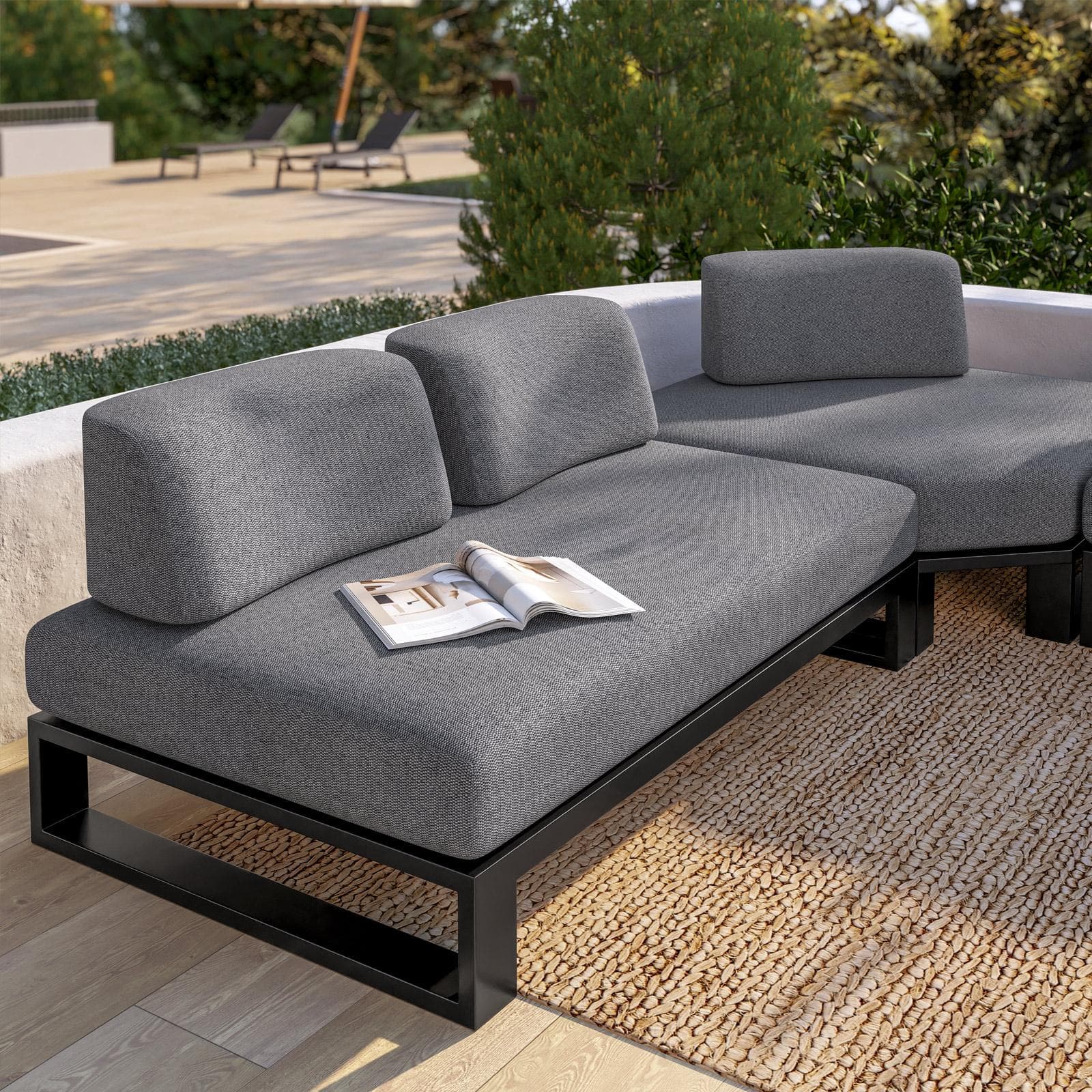 Divano angolare da giardino 5 posti in alluminio antracite e tessuto olefin grigio - Haven