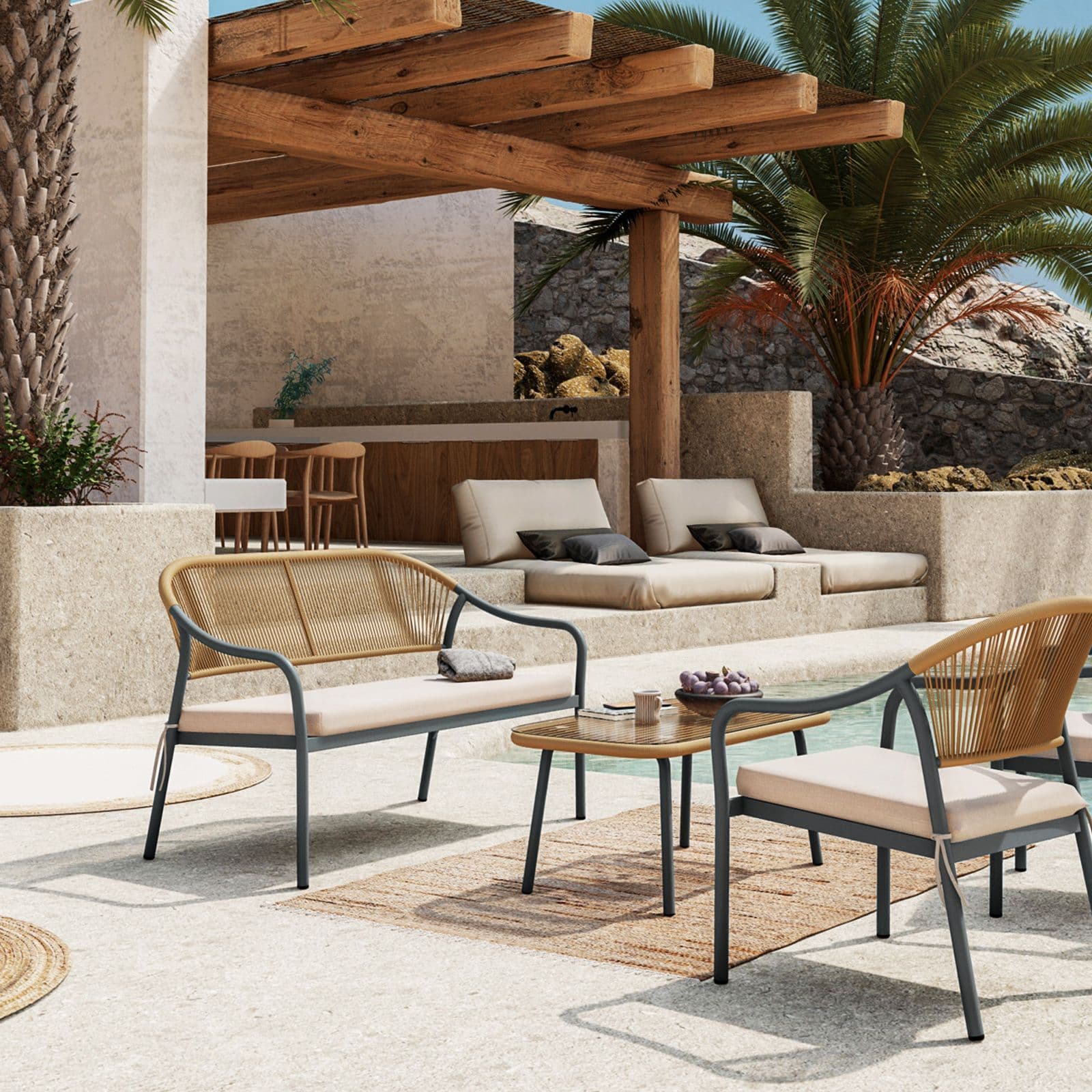 Divano da giardino 124x78h cm in acciaio antracite con cuscino beige - Evans