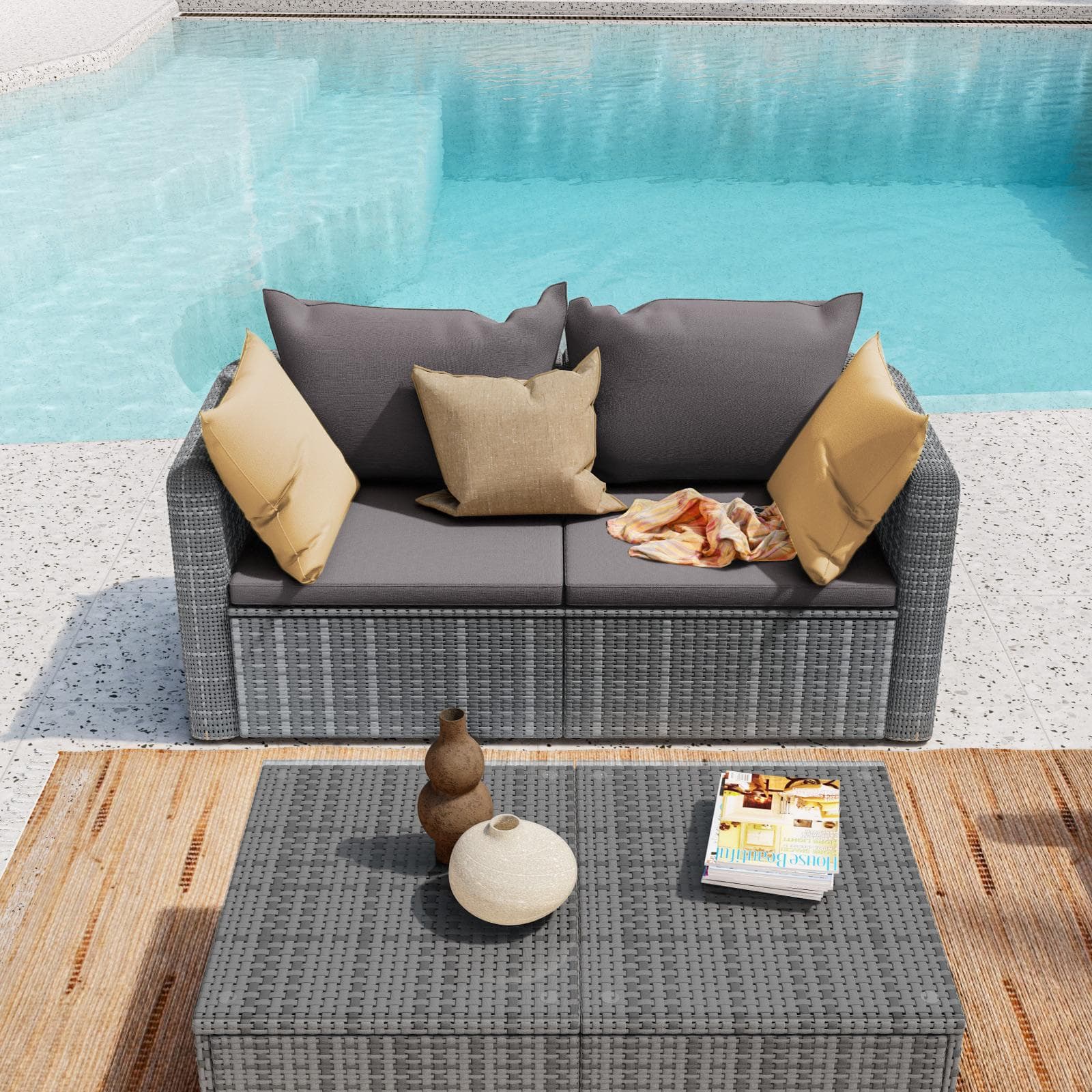 Divano da giardino 2 posti in polyrattan grigio con cuscini - Horizon