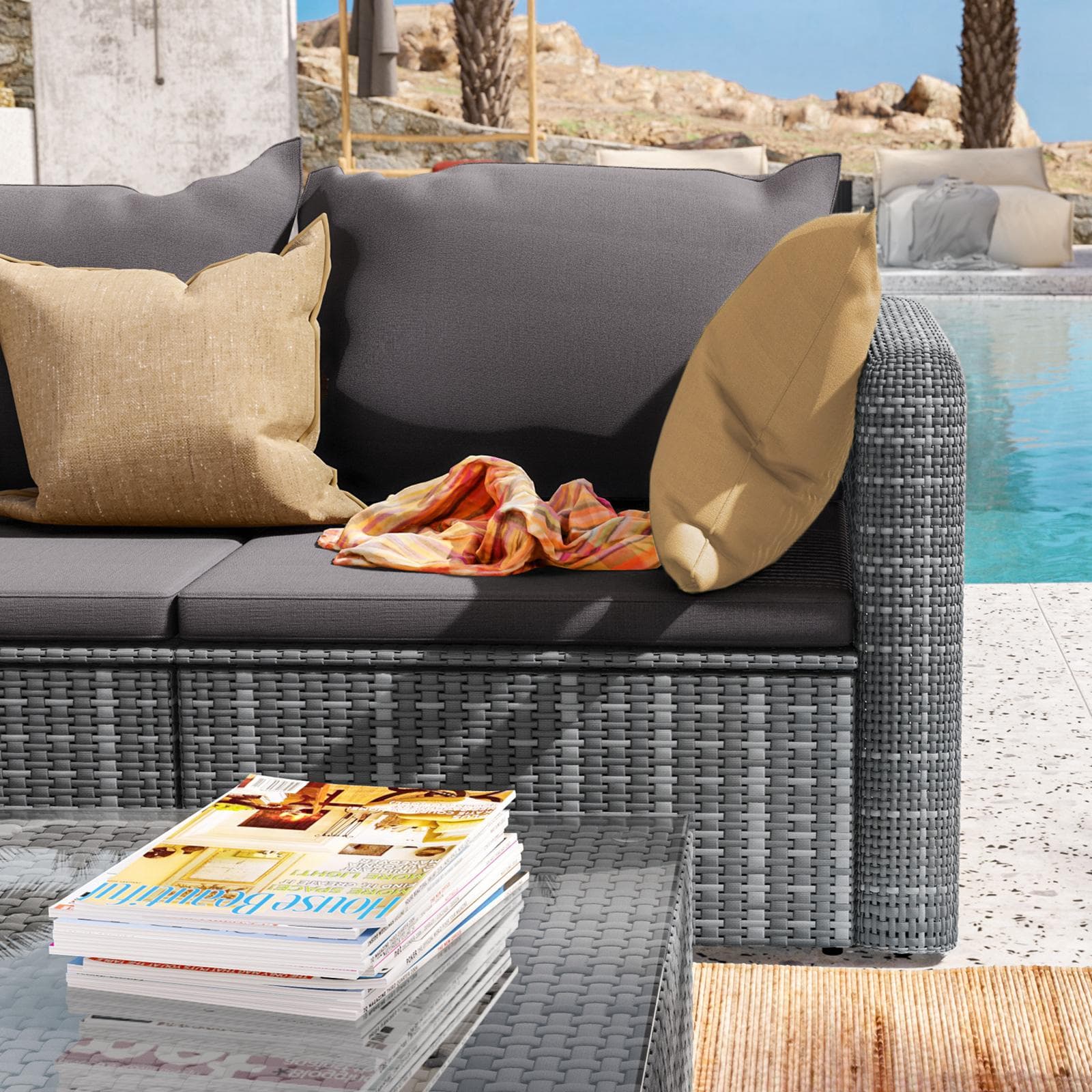 Divano da giardino 2 posti in polyrattan grigio con cuscini - Horizon