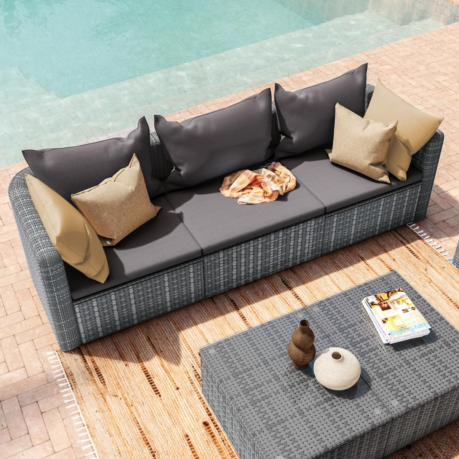 Divano da giardino 3 posti in polyrattan grigio con cuscini - Horizon
