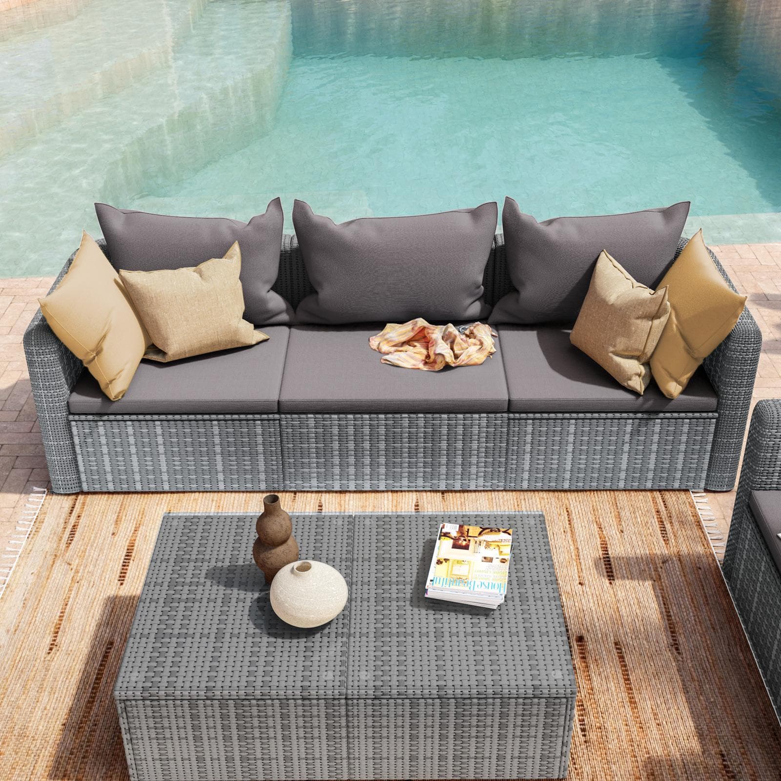 Divano da giardino 3 posti in polyrattan grigio con cuscini - Horizon