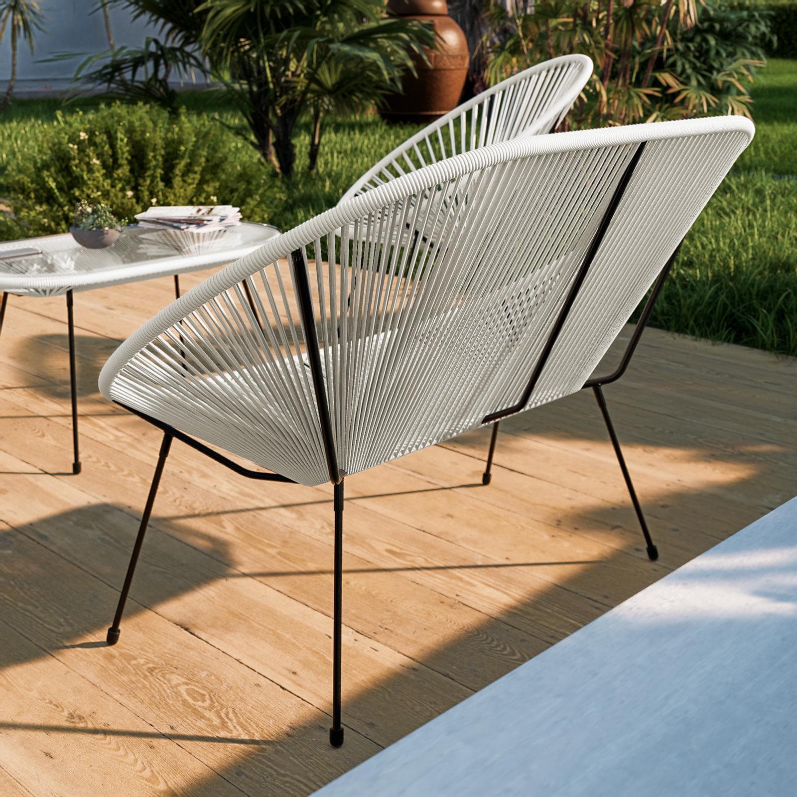 Divano da giardino in metallo nero rivestito in corda bianca - Kalimba