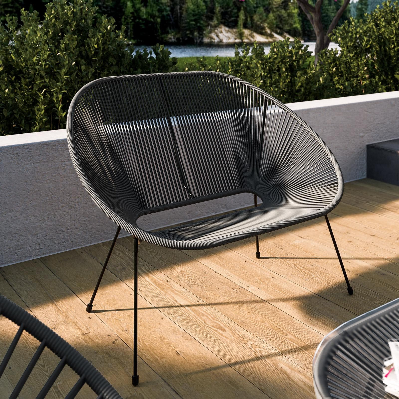 Divano da giardino in metallo nero rivestito in corda grigia - Kalimba