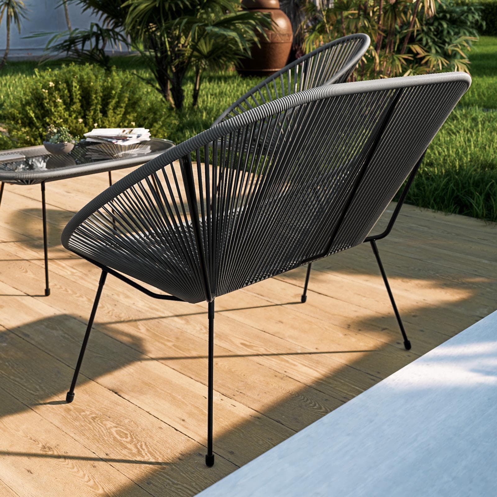 Divano da giardino in metallo nero rivestito in corda grigia - Kalimba