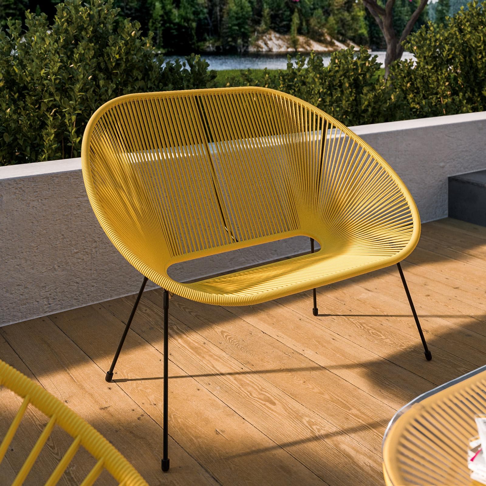 Divano da giardino in metallo nero rivestito in corda gialla - Kalimba