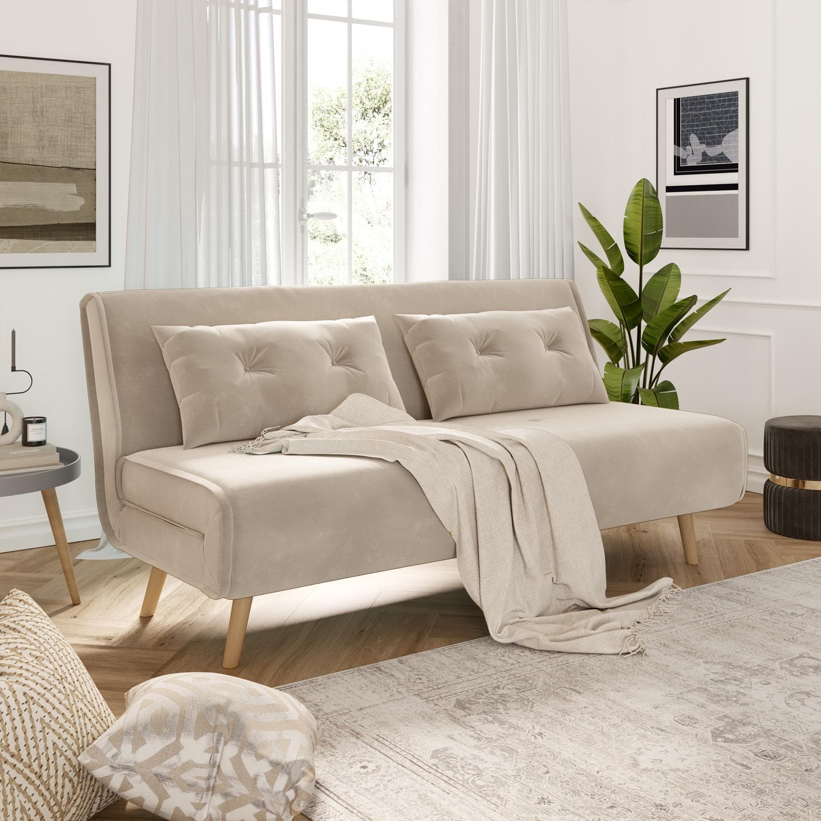 Divano letto 2 posti in velluto beige con schienale regolabile in 6 posizioni - Terat
