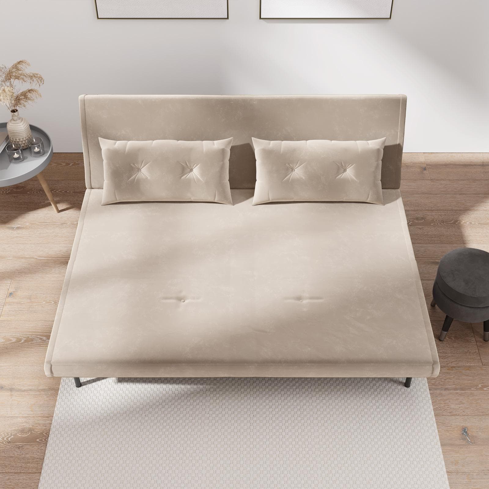 Divano letto 2 posti in velluto beige con schienale regolabile in 6 posizioni - Terat