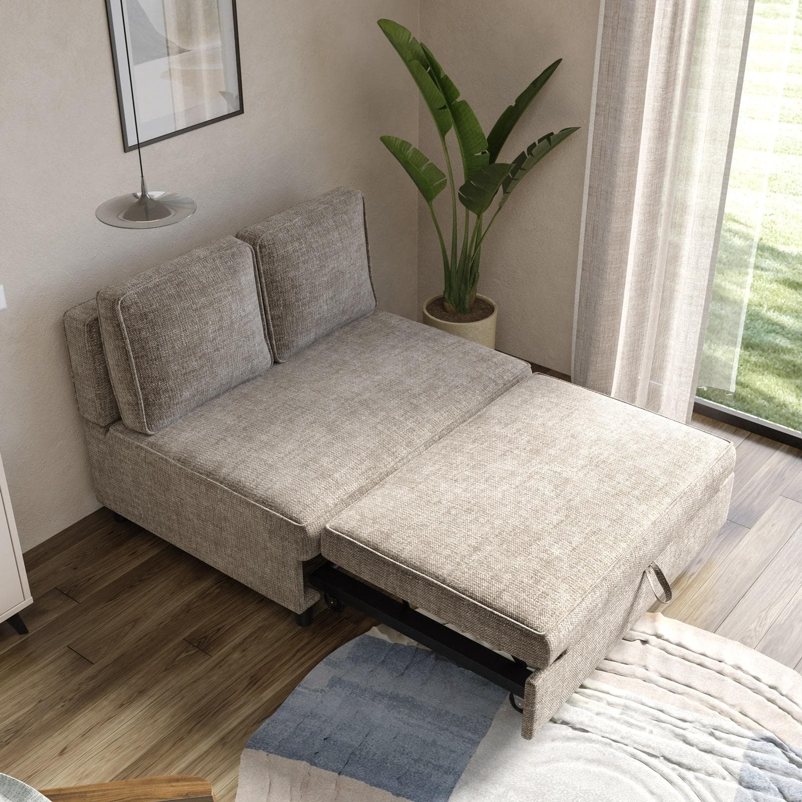 Divano letto 2 posti in ciniglia beige con sistema estraibile e 2 cuscini - Mirrian