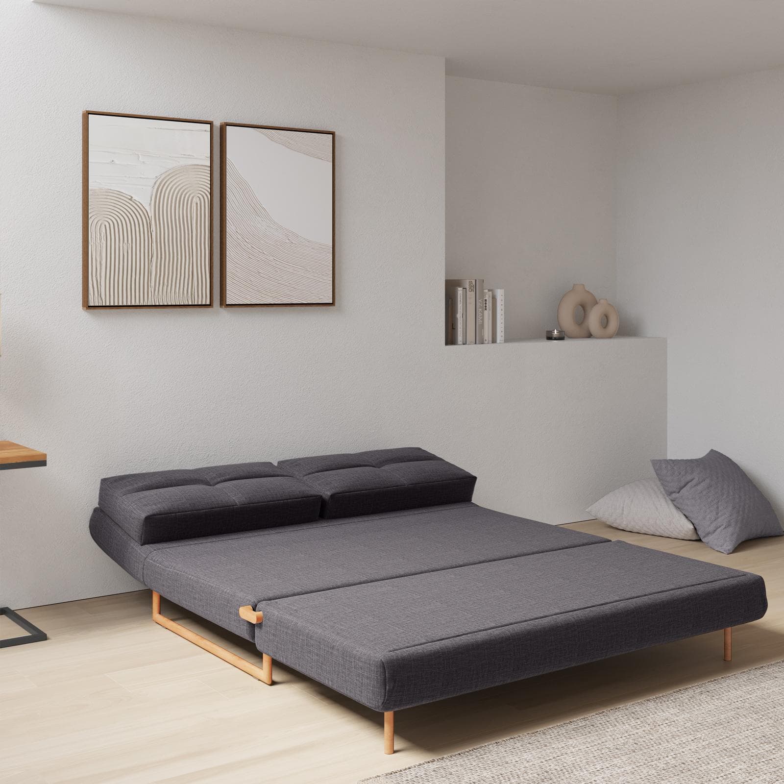 Divano letto 2 posti reclinabile in tessuto antracite e gambe effetto legno - Legrand