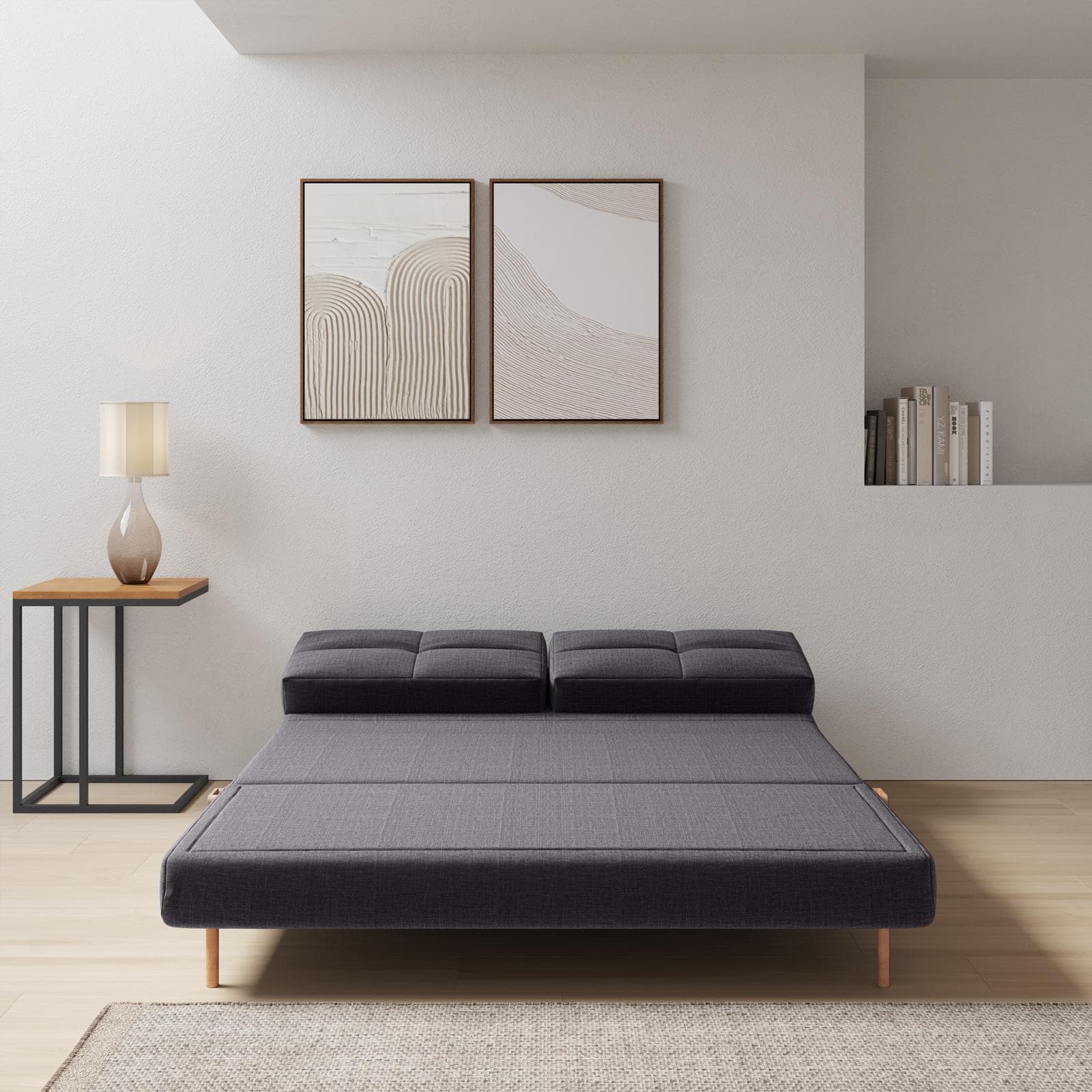 Divano letto 2 posti reclinabile in tessuto antracite e gambe effetto legno - Legrand