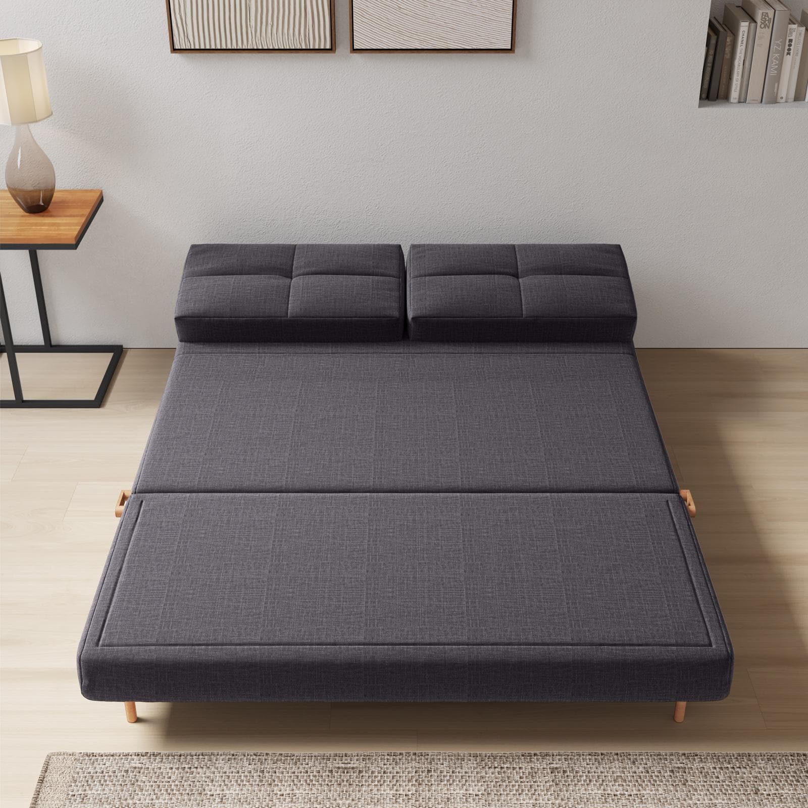 Divano letto 2 posti reclinabile in tessuto antracite e gambe effetto legno - Legrand
