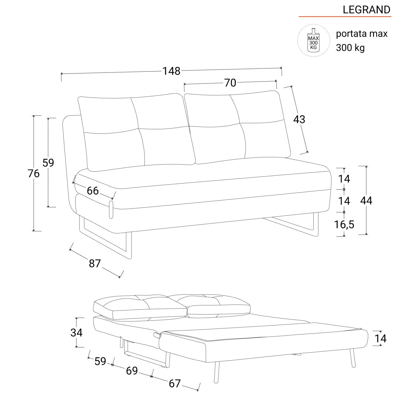 Divano letto 2 posti reclinabile in tessuto antracite e gambe effetto legno - Legrand