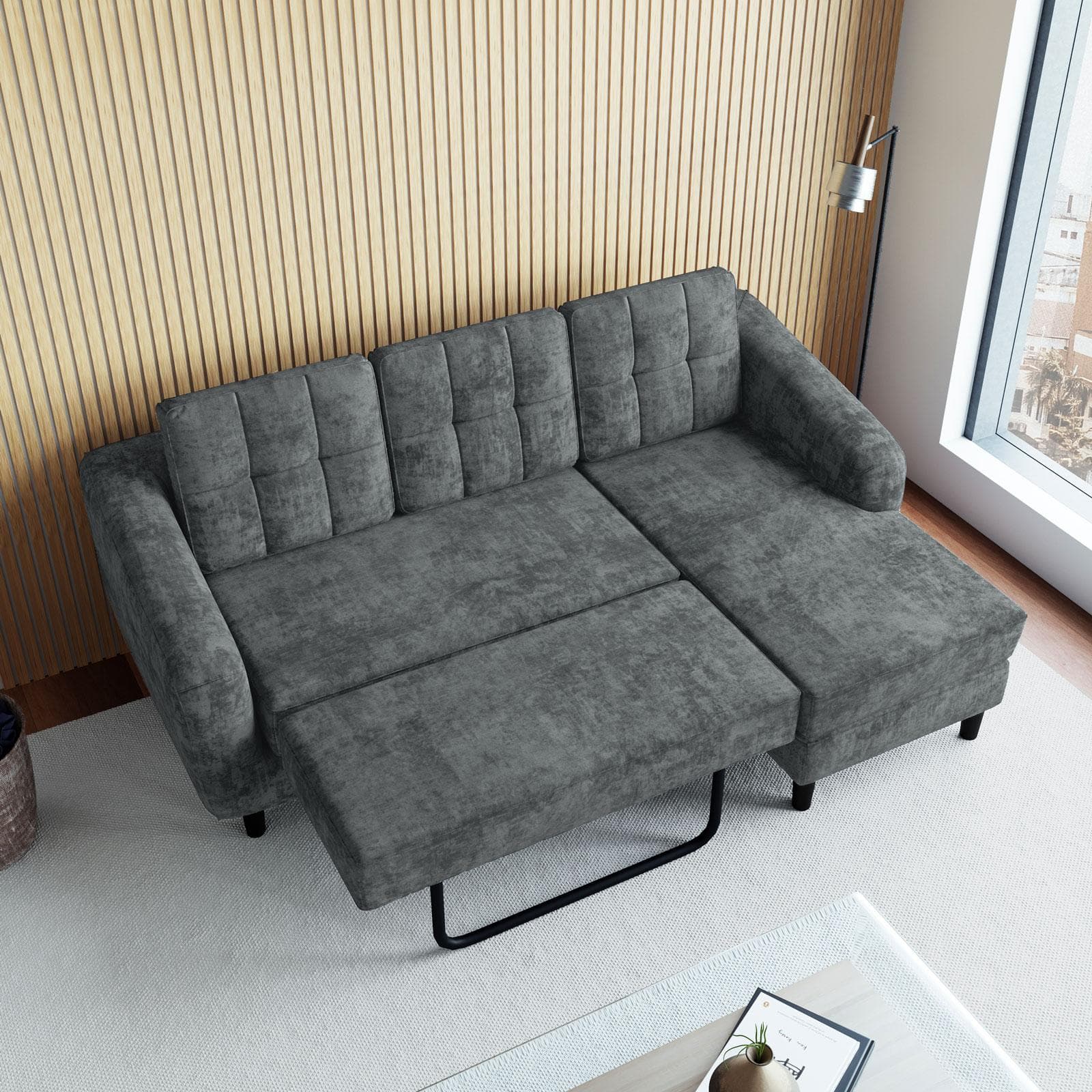 Divano letto 3 posti con sistema estraibile in tessuto antracite e con chaise longue destra - Jago