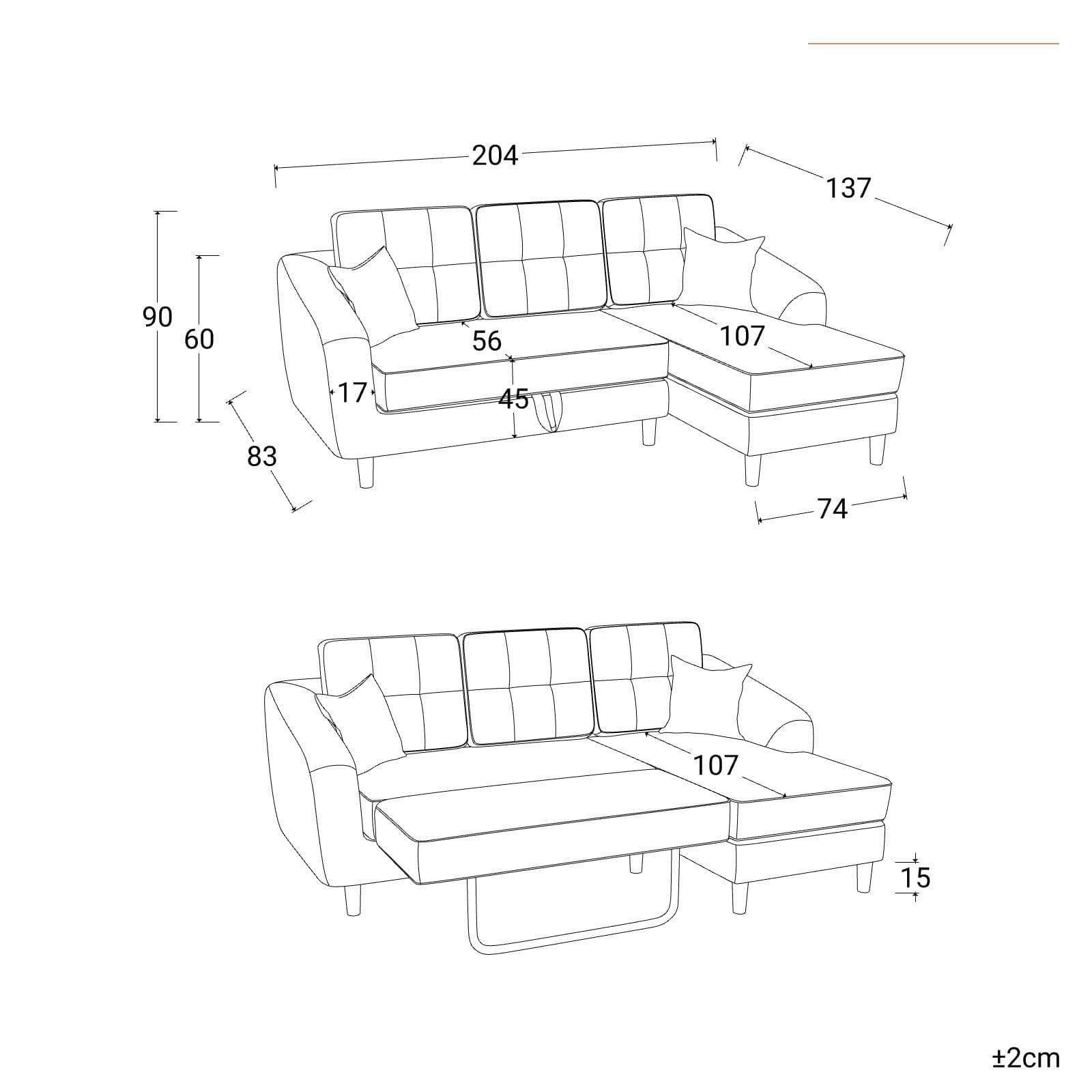 Divano letto 3 posti con sistema estraibile in tessuto antracite e con chaise longue destra - Jago