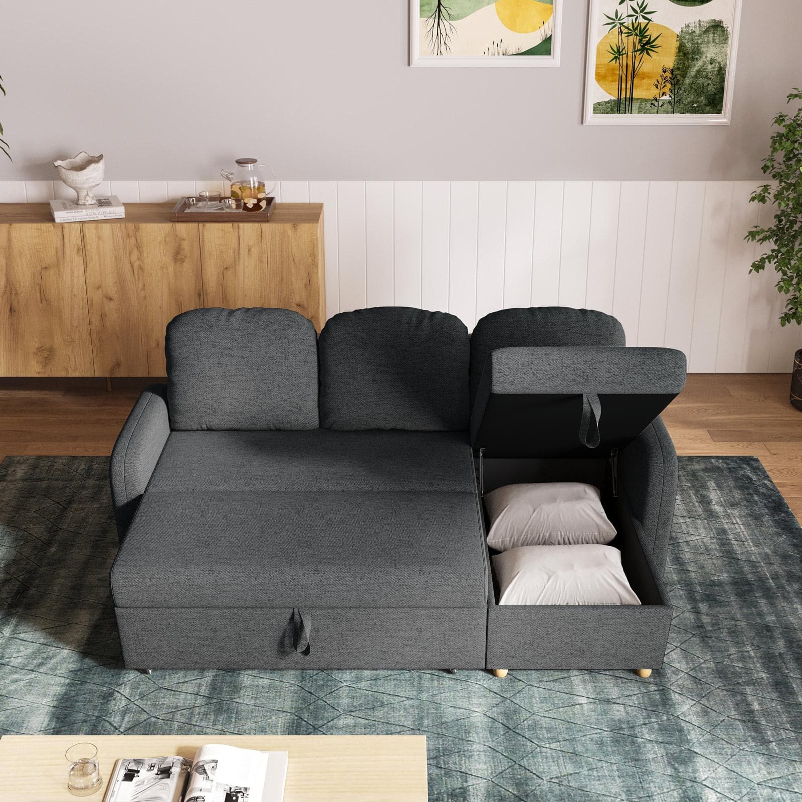 Divano letto 3 posti in tessuto a trama sottile grigio scuro con penisola e contenitore - Hayes