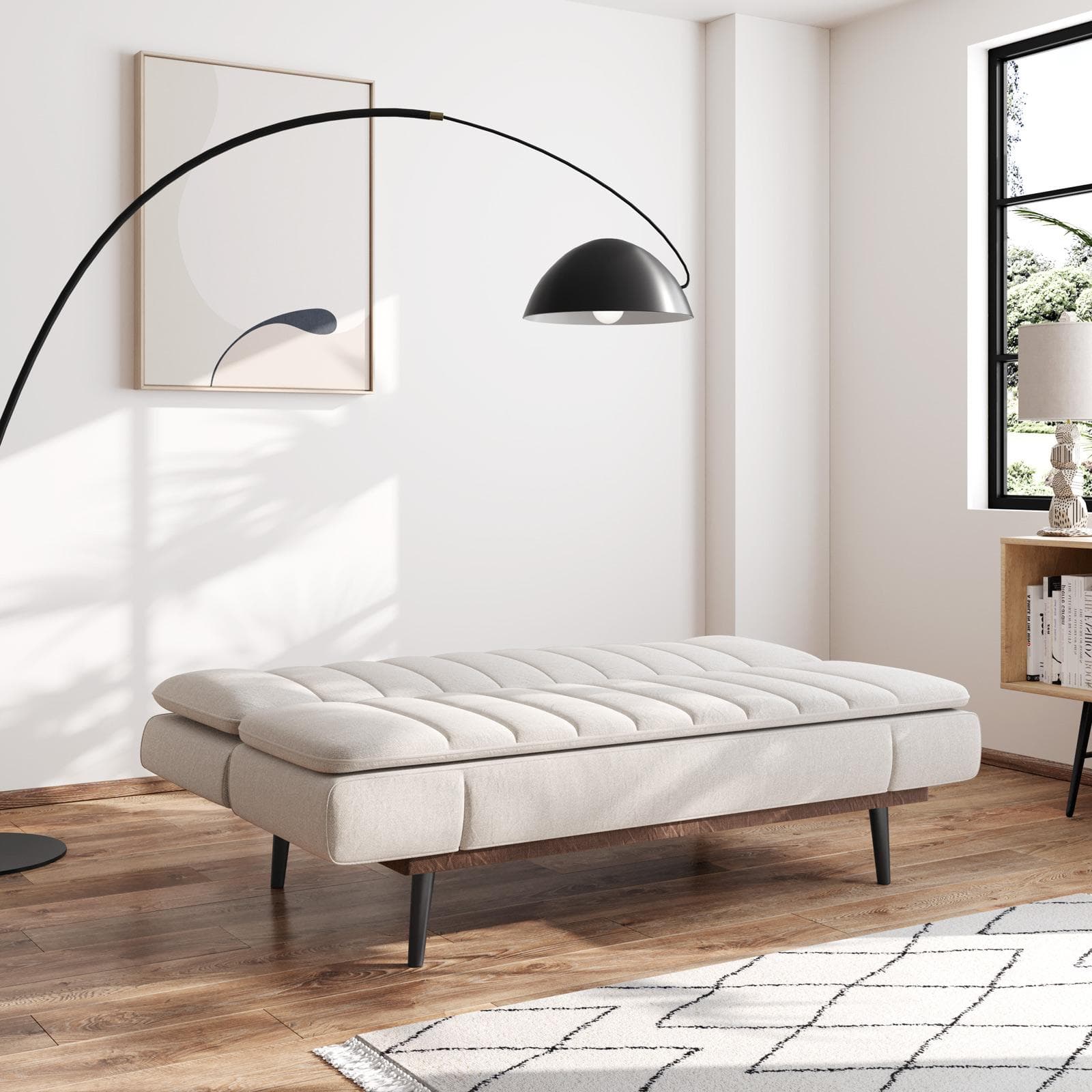 Divano letto 3 posti in tessuto beige con braccioli reclinabili - Caporal