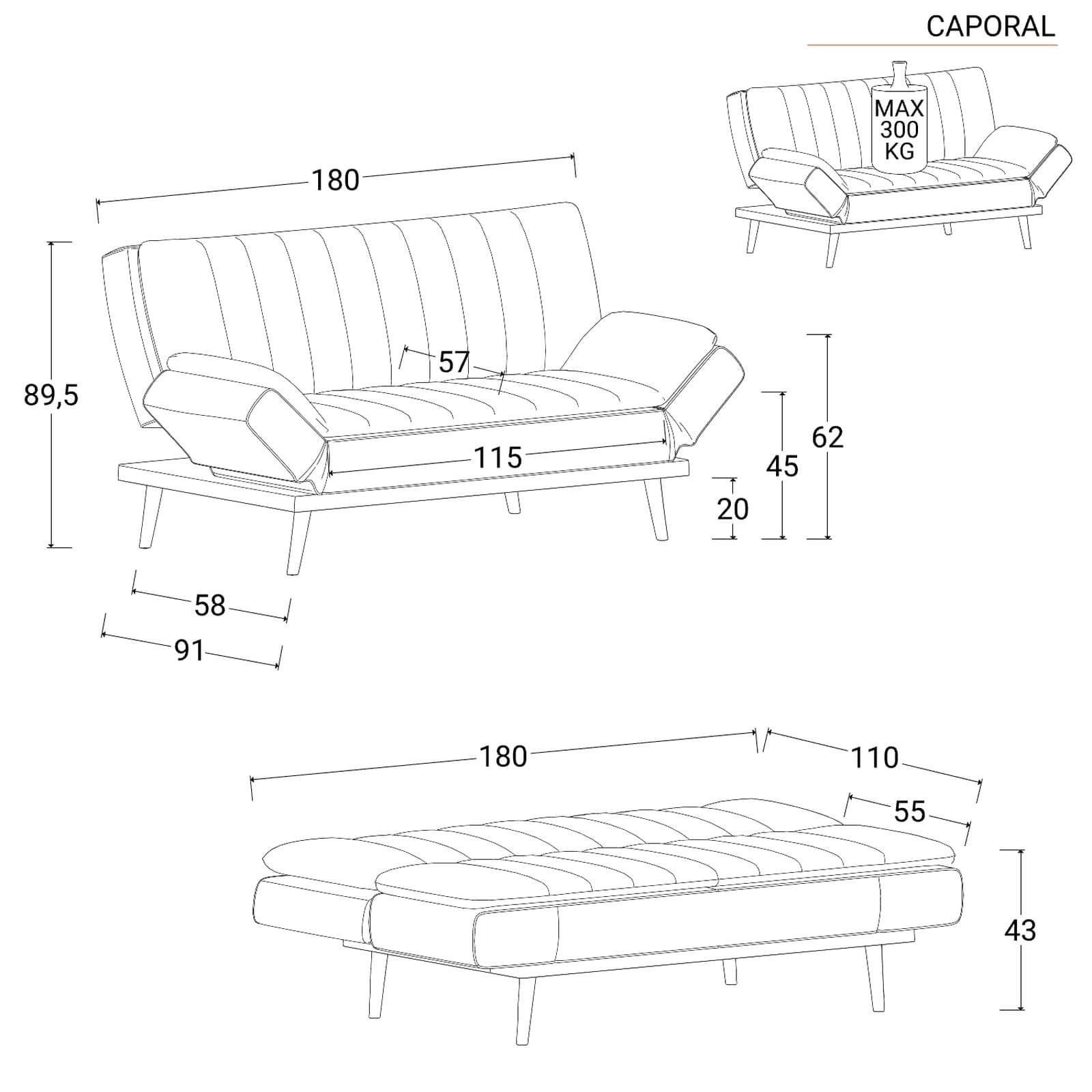 Divano letto 3 posti in tessuto beige con braccioli reclinabili - Caporal