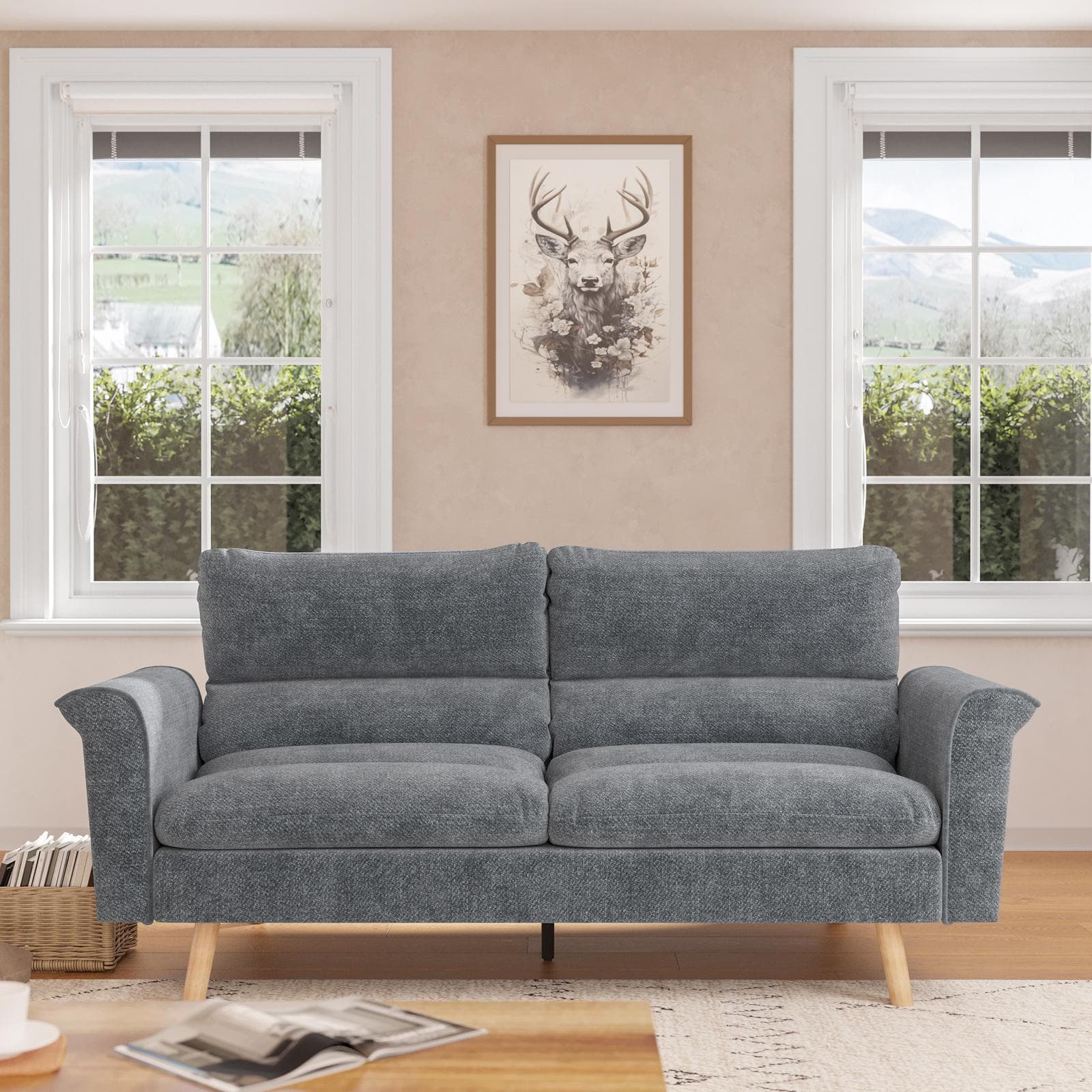 Divano letto 3 posti in tessuto effetto maglia grigio scuro con gambe in legno - Jorge