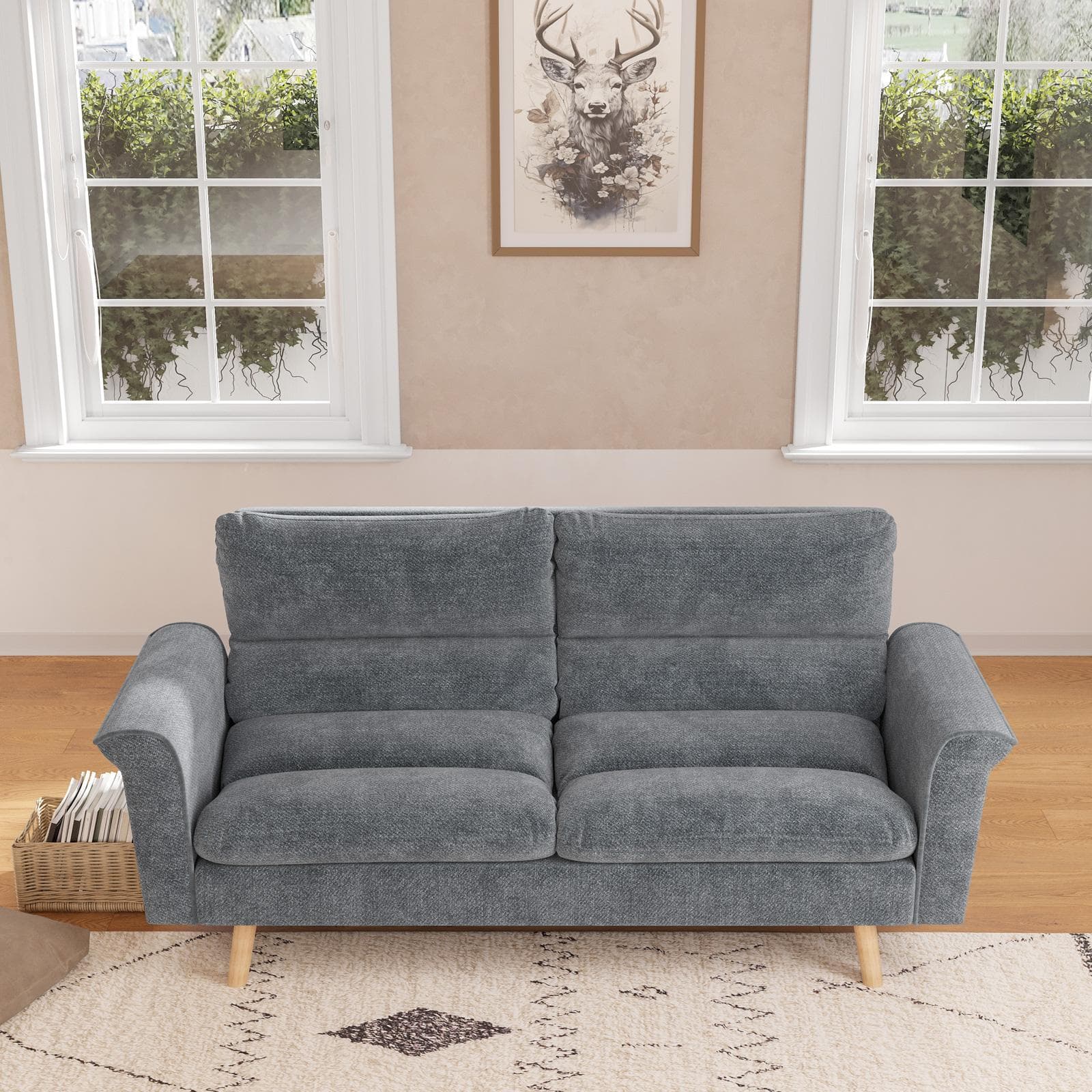 Divano letto 3 posti in tessuto effetto maglia grigio scuro con gambe in legno - Jorge