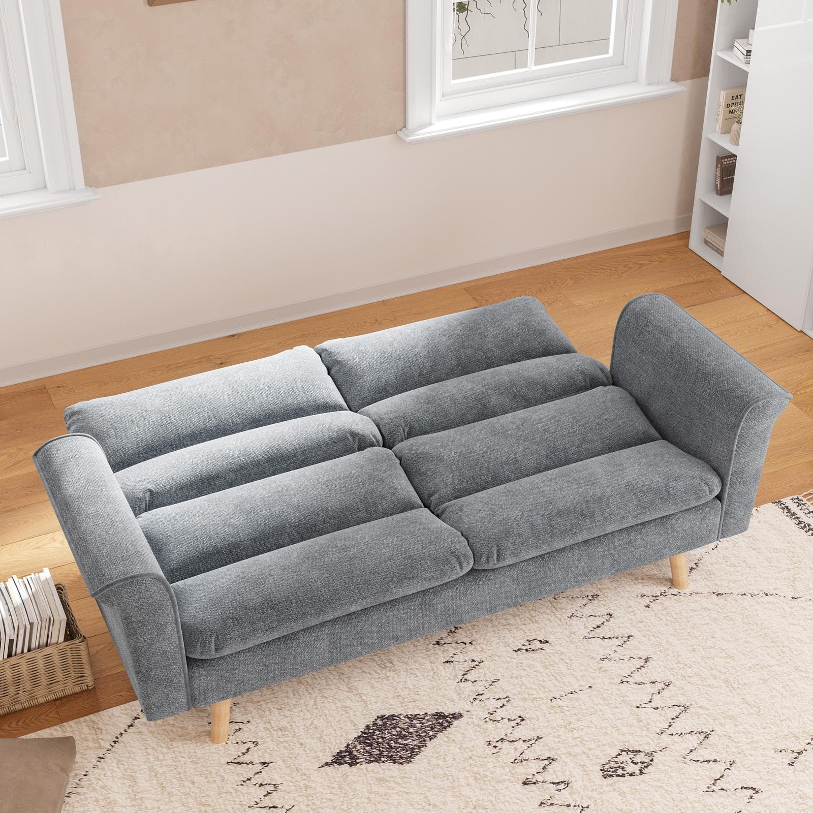 Divano letto 3 posti in tessuto effetto maglia grigio scuro con gambe in legno - Jorge