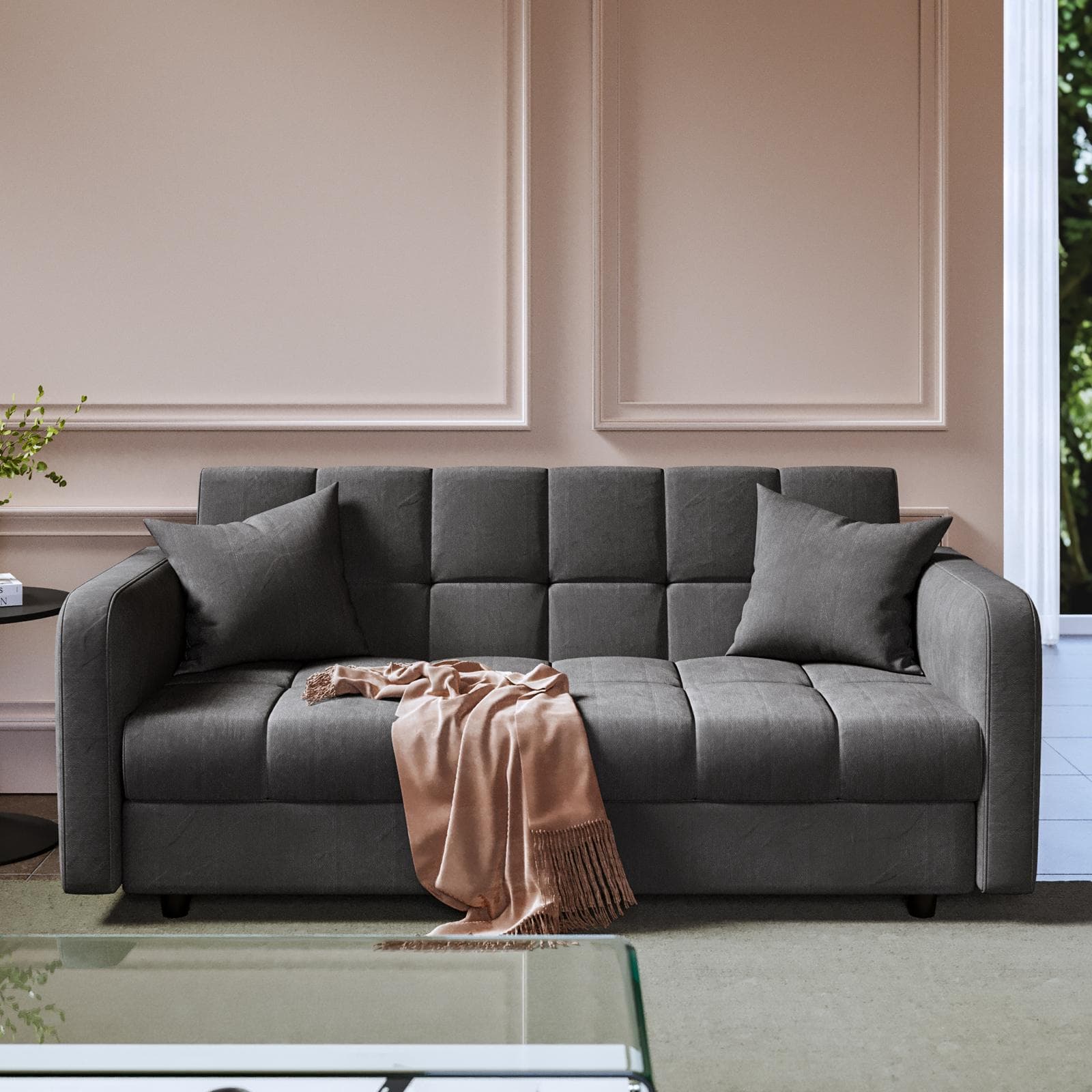 Divano letto 3 posti in tessuto effetto melange grigio scuro con contenitore - Joshua