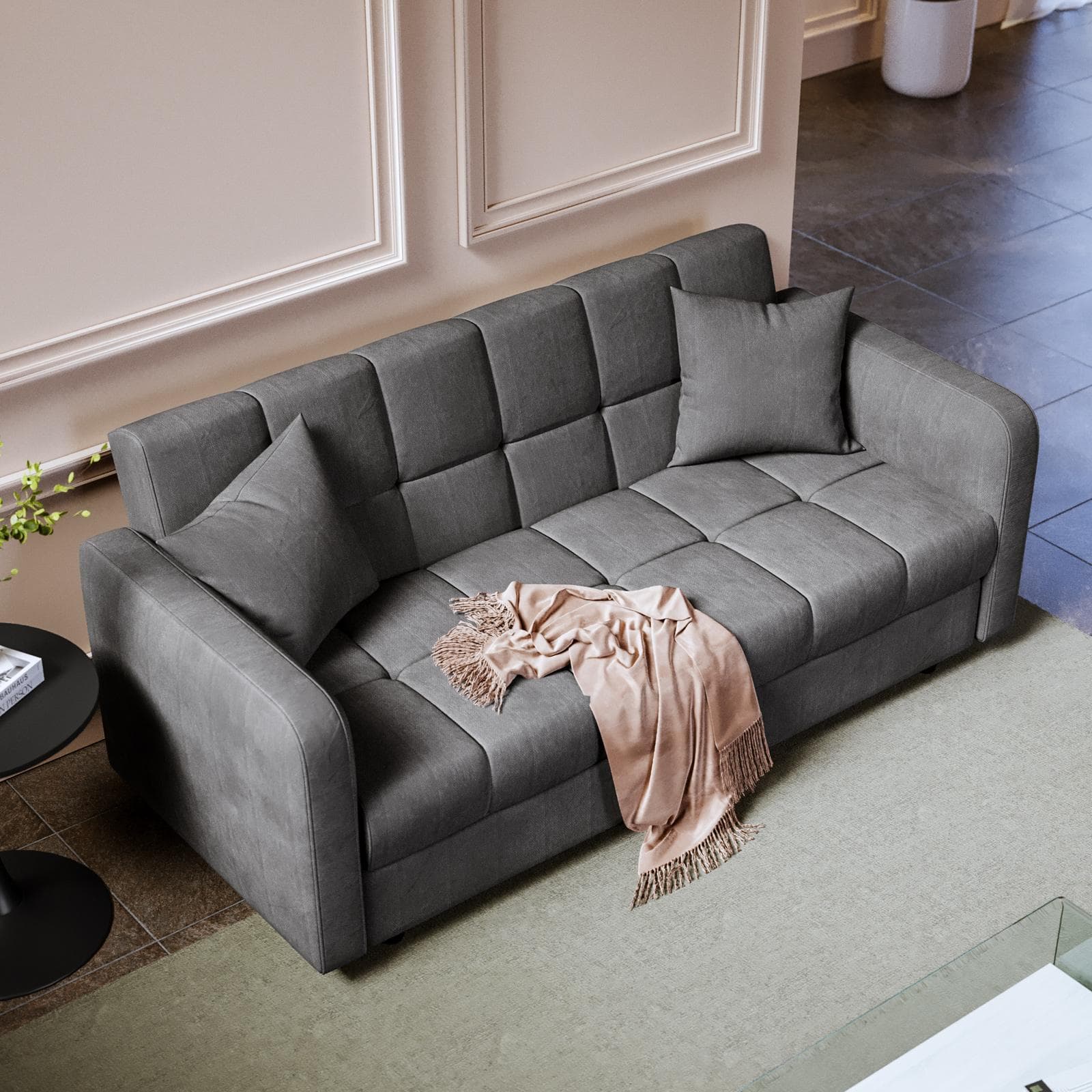 Divano letto 3 posti in tessuto effetto melange grigio scuro con contenitore - Joshua