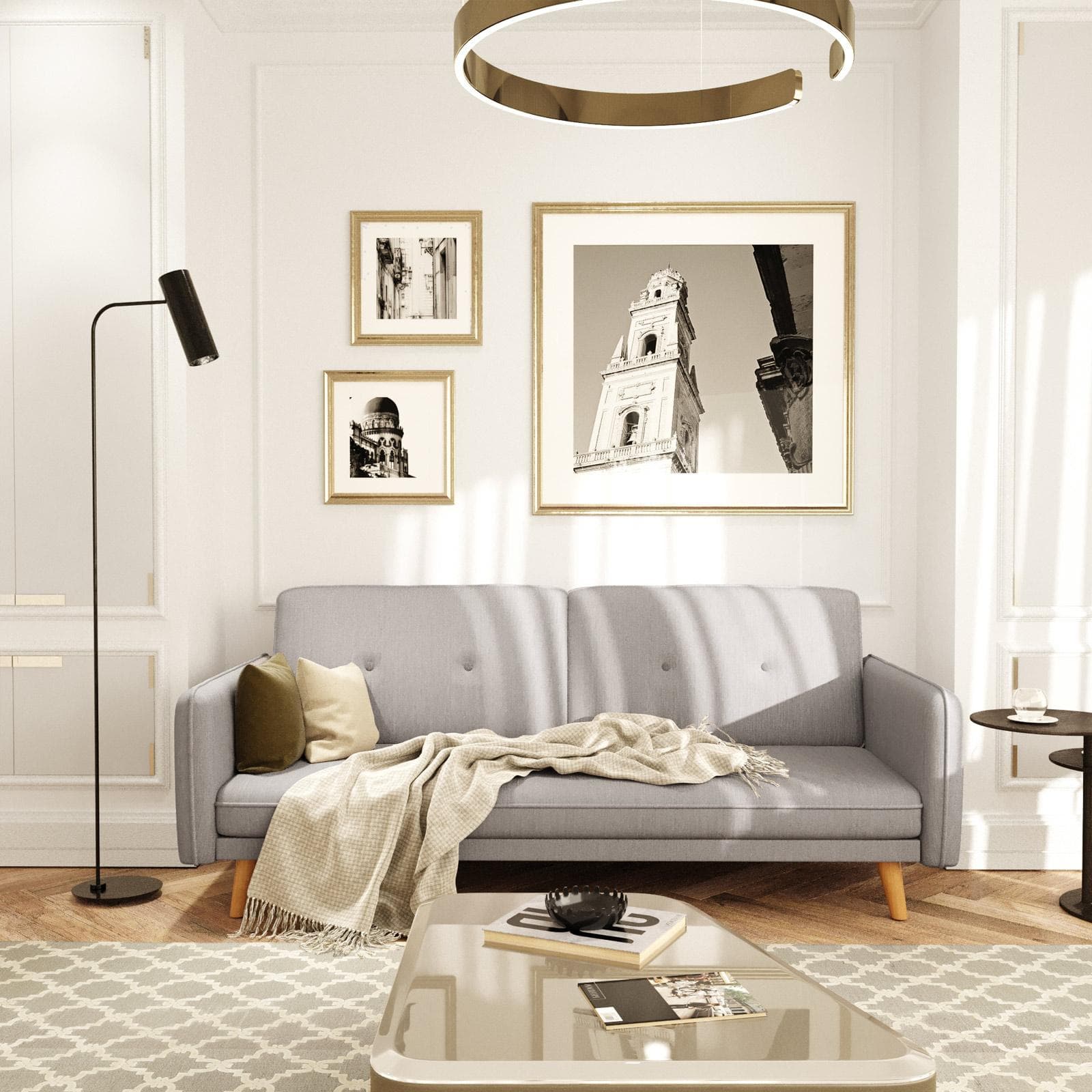 Divano letto 3 posti in tessuto grigio con gambe in legno - Tayler